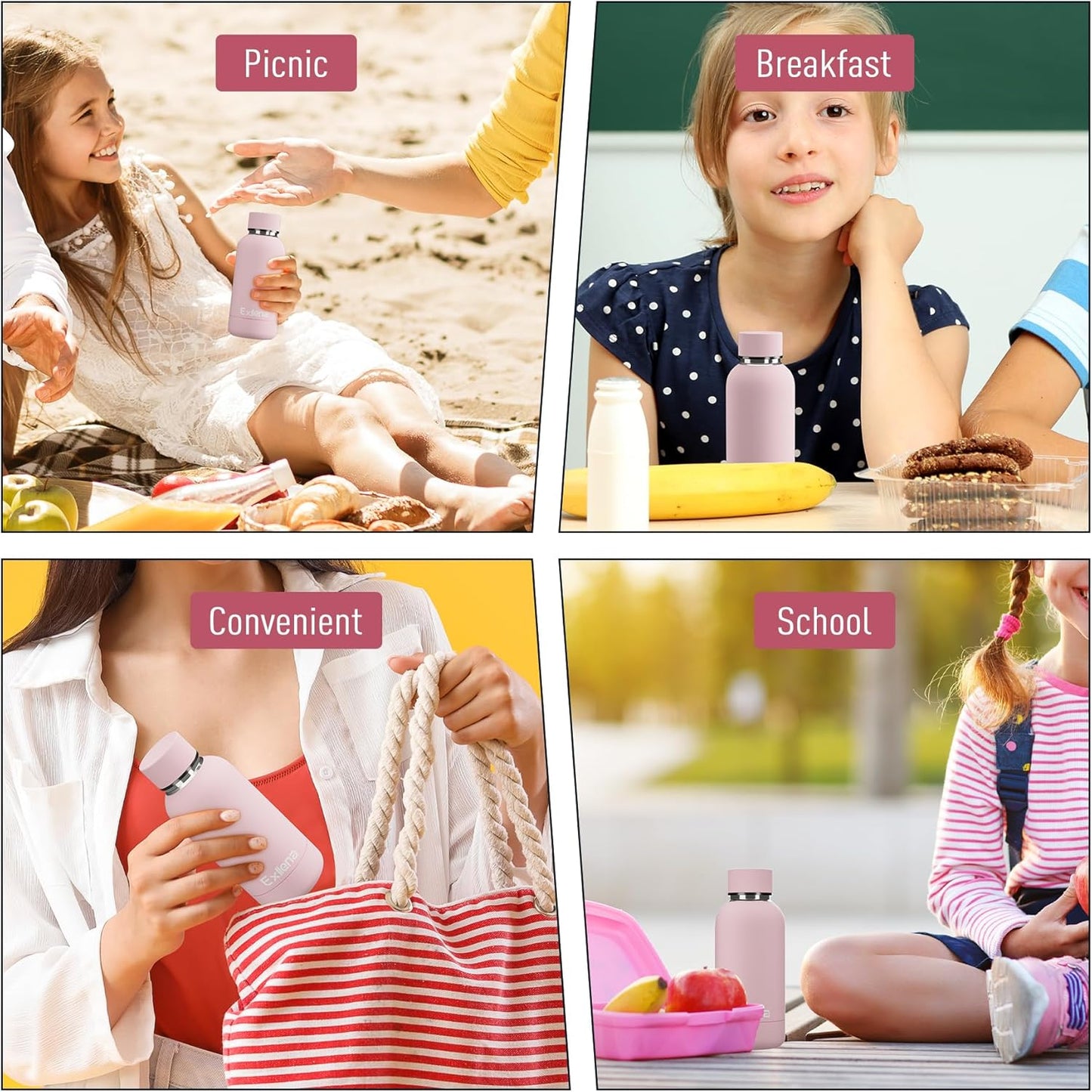 Small Water Bottle 12oz with Clip, Double Wall Stainless Steel Vacuum Small Insulated Water Bottle Keeps Drinks Cold 24 Hrs/Hot 12 Hrs for Kids Handbag School BPA Free (Pink)