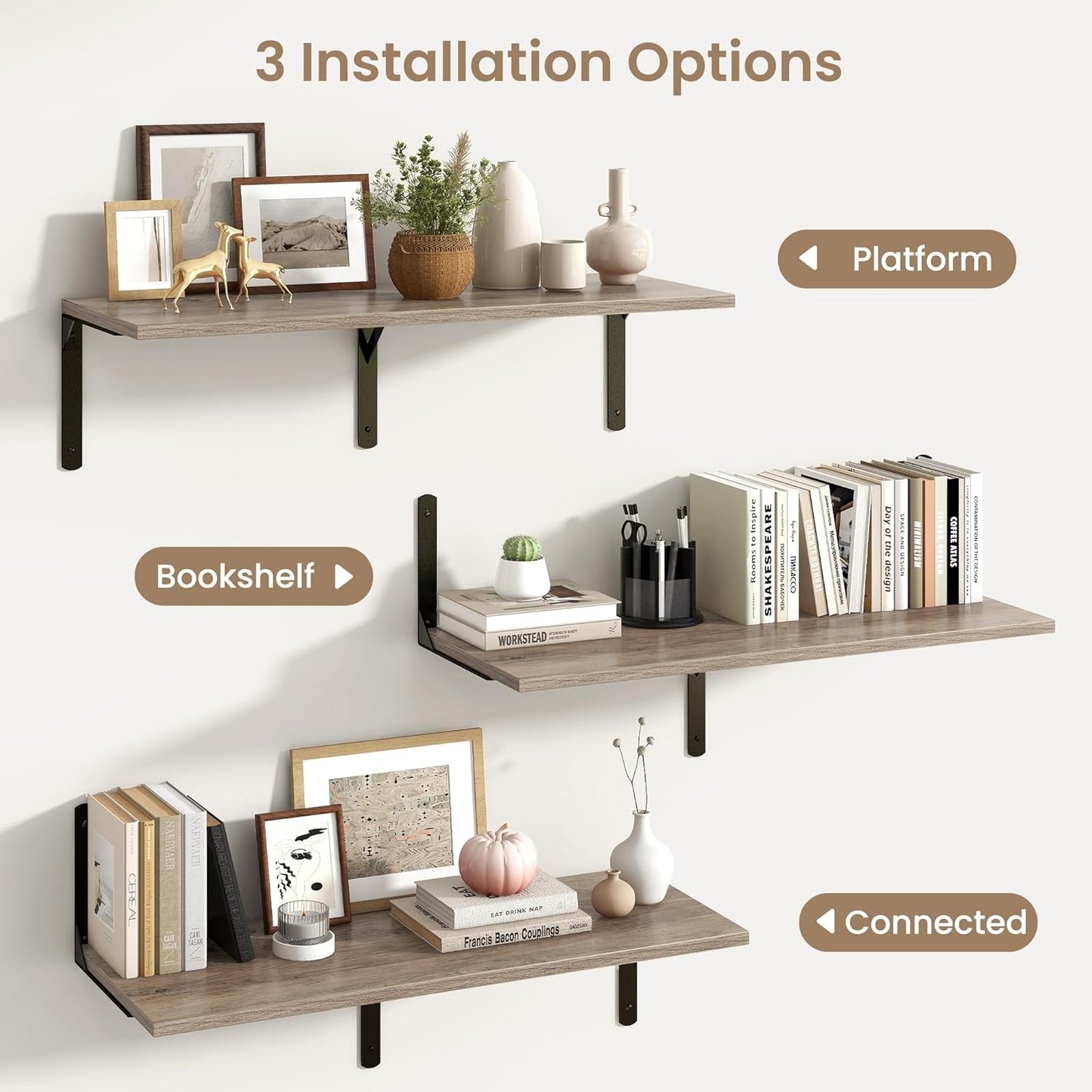 Fun Memories Floating Shelves for Wall, 12 Inch Deep Floating Shelves Set of 2, Wall Mounted Shelf with Metal Brackets, Rustic Wood Wide Shelf for Bathroom, Kitchen and Living Room, Grey, 36W x 12D