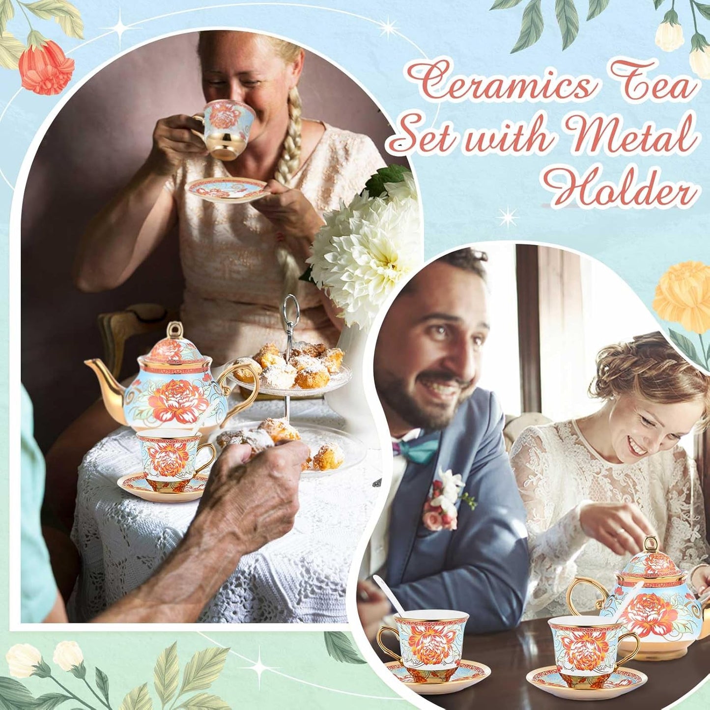 Zhehao 20 Pcs Porcelain Tea Set with Metal Holder and Spoon Adult Ceramic Tea Party Set European Flower Painting Teapot Cup Saucer Spoon Set for Women, Large Version(Retro Style)