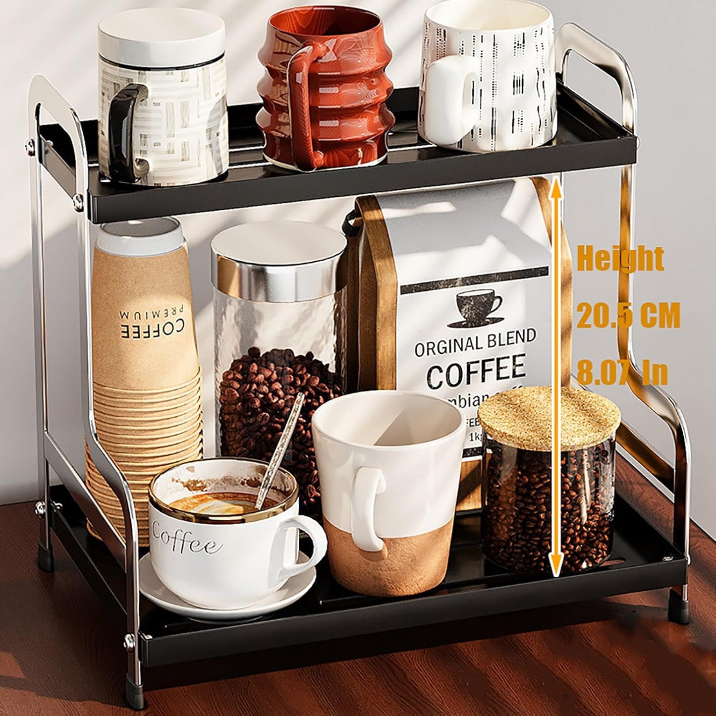 KISKIS Coffee Mug Cup Holder Space Saving 2-Tier Sturdy Stable Metal Storage Shelf, Prevent Falling Scratch Resistant Kitchen Rack Office Bathroom Desktop Organizer,Black+sliver