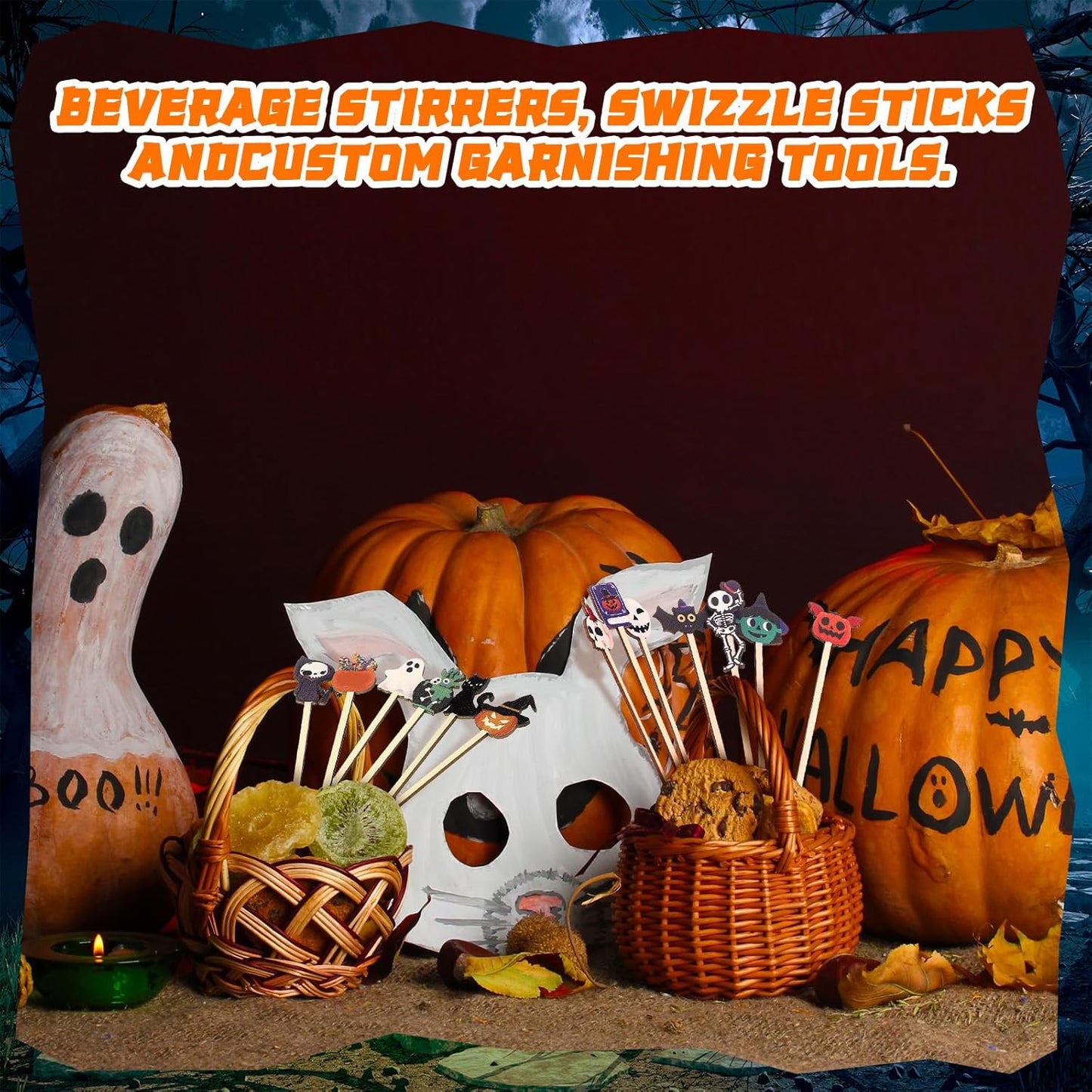 Mifoci 100 Pcs Halloween Wooded Coffee Stirrers Wood Cocktail Coffee Stir Sticks Disposable Swizzle Sticks for Thanksgiving Halloween Party Supplies, 20 Styles