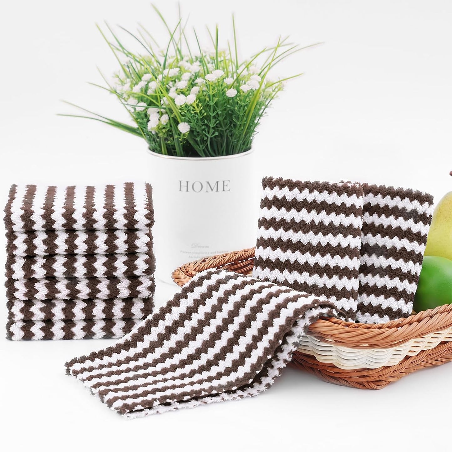 Homaxy 12 Pack Kitchen Dish Cloths, Ultra Soft and Absorbent Dish Towels, Reusable Fast Drying Microfiber Cleaning Cloth, Coral Velvet Wave Design No-lint, 10 x 10 inches, Brown