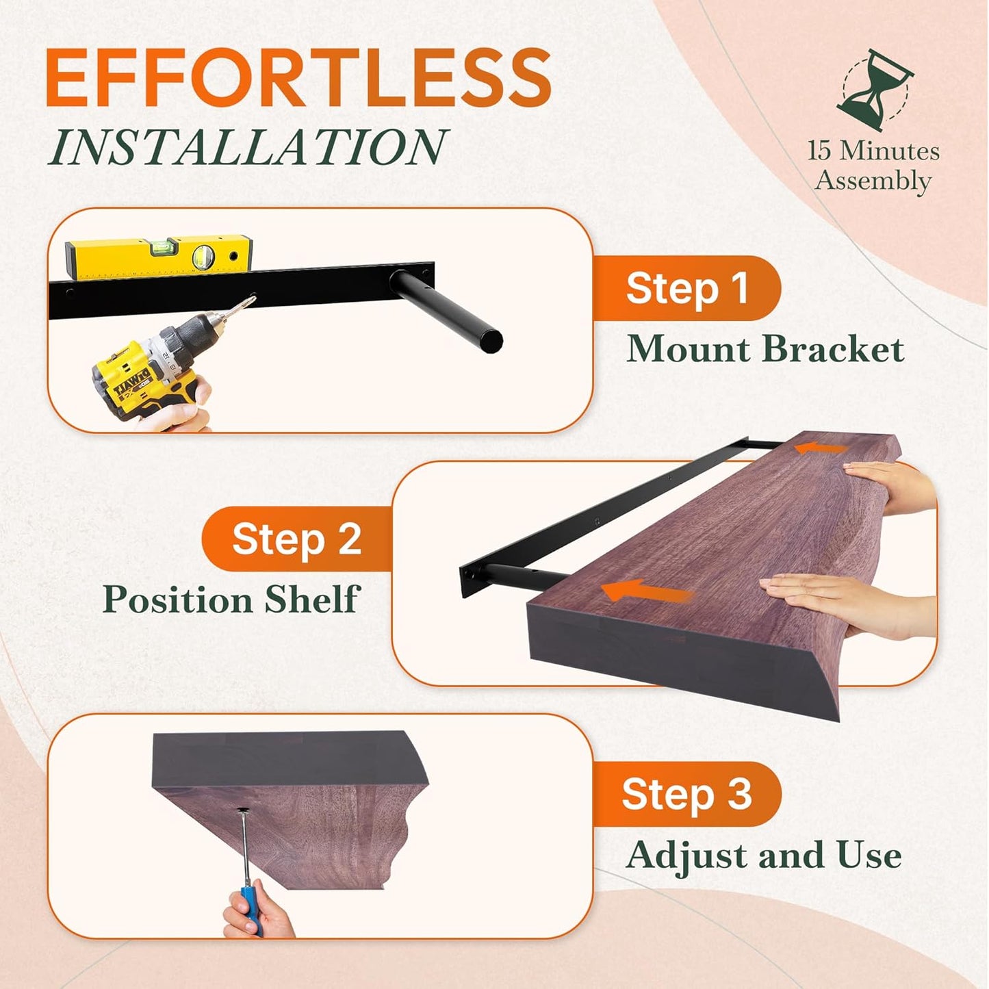 36" Acacia Live Edge Floating Shelves Set of 2 - Wall Mounted Wooden Shelf for Stylish Home Décor - Cherry Color 36x7.5x1.5 Inches