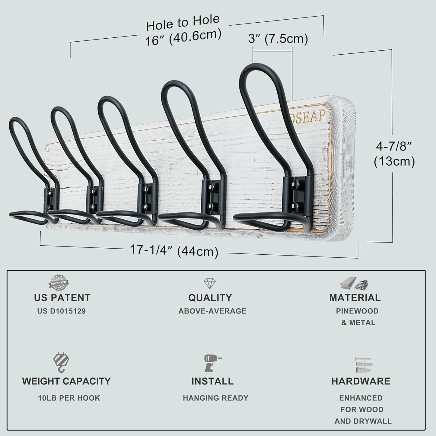 Dseap Coat Rack Wall Mounted - Heavy Duty Farmhouse Rustic Wall Coat Hanger With 5 Wire Hooks for Clothes Hat Jacket Towel, RusticWire, G25A, Whitewash & Black, Pack of 2