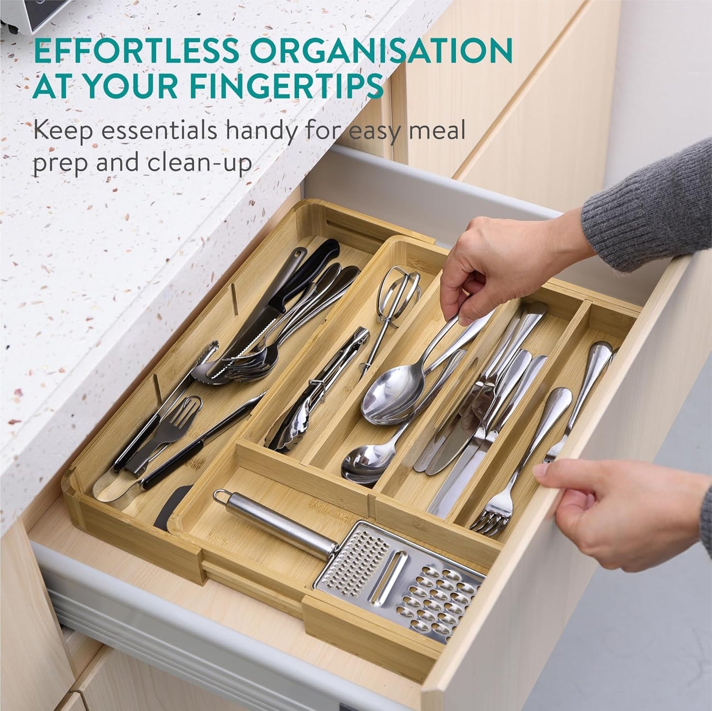 Navaris Bamboo Kitchen Drawer Organiser - Cutlery Tray with Removable Divider for Customisable Drawers Storage - Expandable Trays for Utensils, Tools, Makeup, Stationery, 30 x 43cm