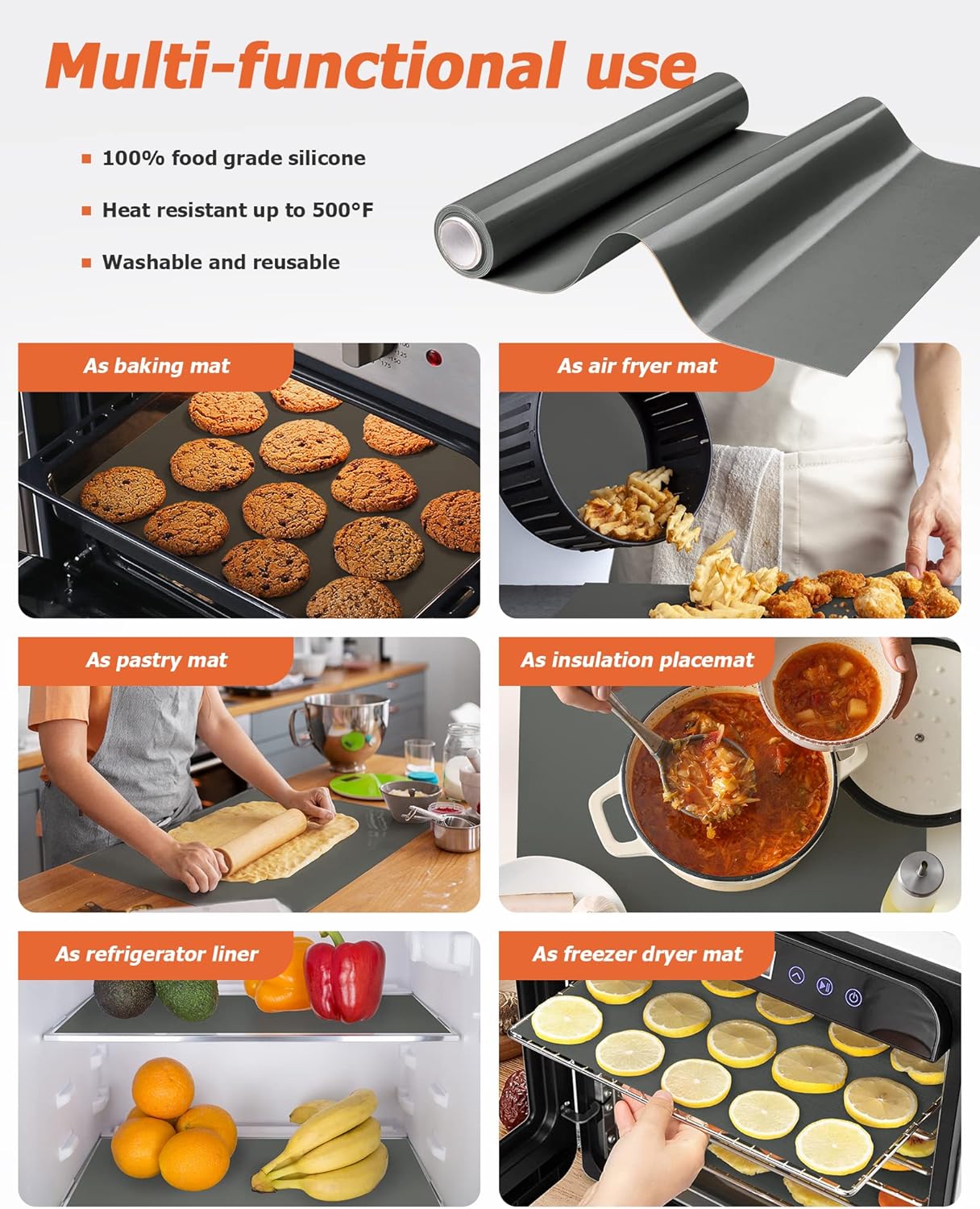 Silicone Baking Mat Roll - Best German Silicone - Non-slip Silicone Pastry Mat, Non-Stick Reusable Air Fryer Linner, Counter Mat, Oven Liner, Freeze Dryer Mat - 12IN x 8FT