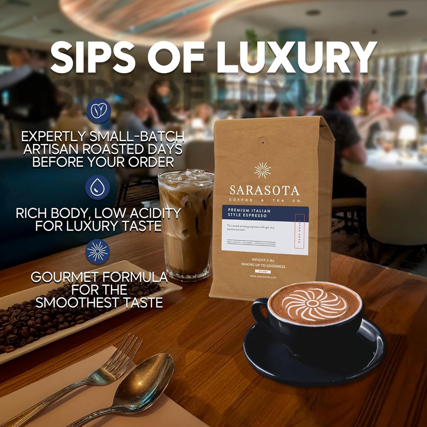 Sarasota Coffee Whole Bean Espresso | Dark Roast Gourmet Coffee Beans | Low Acid, Mold Free, Specialty Grade Bulk Beans | 5lb (80 oz)