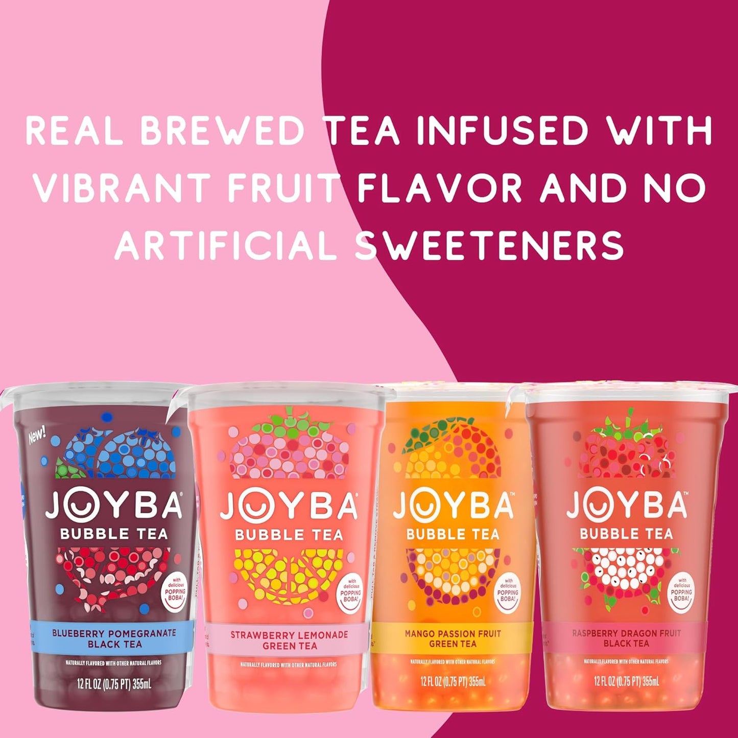 Joyba Bubble Tea Strawberry Lemonade Green Tea, 4 Pack, 12 fl. oz. Cups