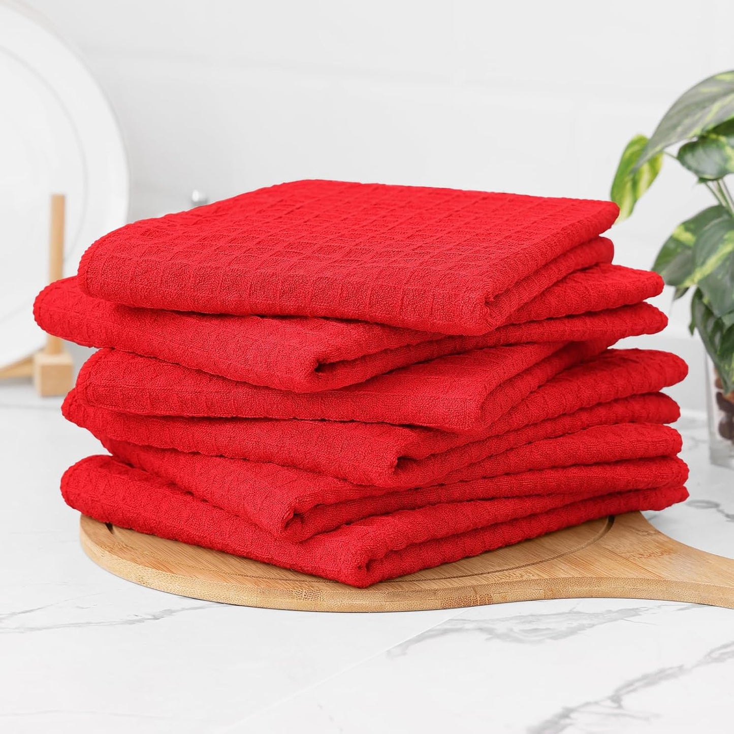 Homaxy Microfiber Waffle Weave Kitchen Towels, 16 x 28 Inch Ultra Absorbent and Solid Color Dish Towels, 4 Pack, Red
