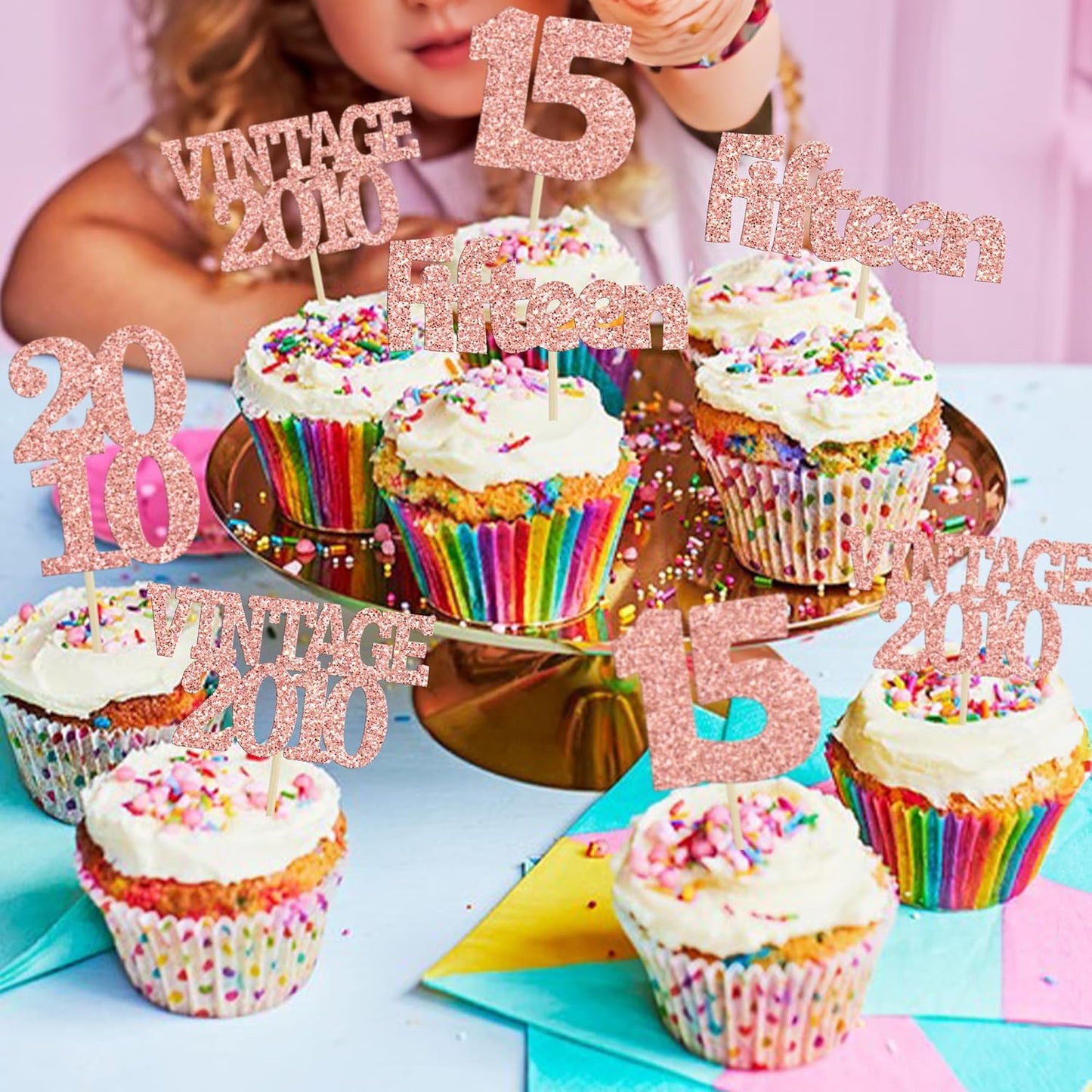 Gyufise 24Pcs 15th Birthday Cupcake Toppers Glitter Fifteen Vintage 2010 Hello 15 Years Birthday Cupcake Picks Sweet 15 Cake Decorations for Happy 15th Anniversary Party Supplies Rose Gold