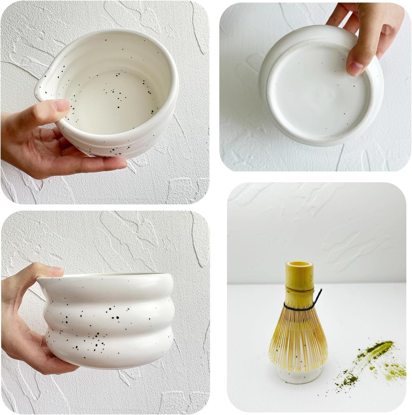 7-piece matcha kit includes matcha bowl. white speckled matcha tea set with bamboo whisk -, sifter, scoop, stainless steel filter, tea caddy, cloth & gift box - for matcha green (7)