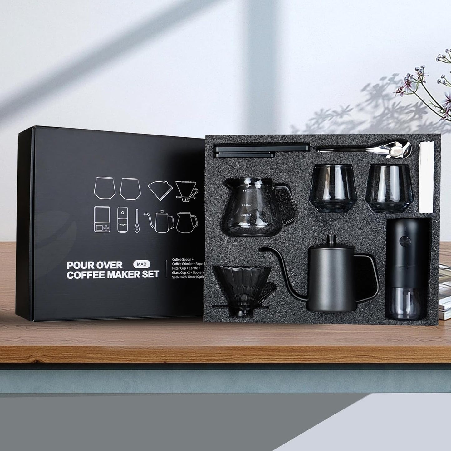 SuperCook Coffee Pour Over Kit Hand Drip with Kettle, Electric Grinder, Camping Travel Coffee Kit Ideal for Anniversary Birthday Gift