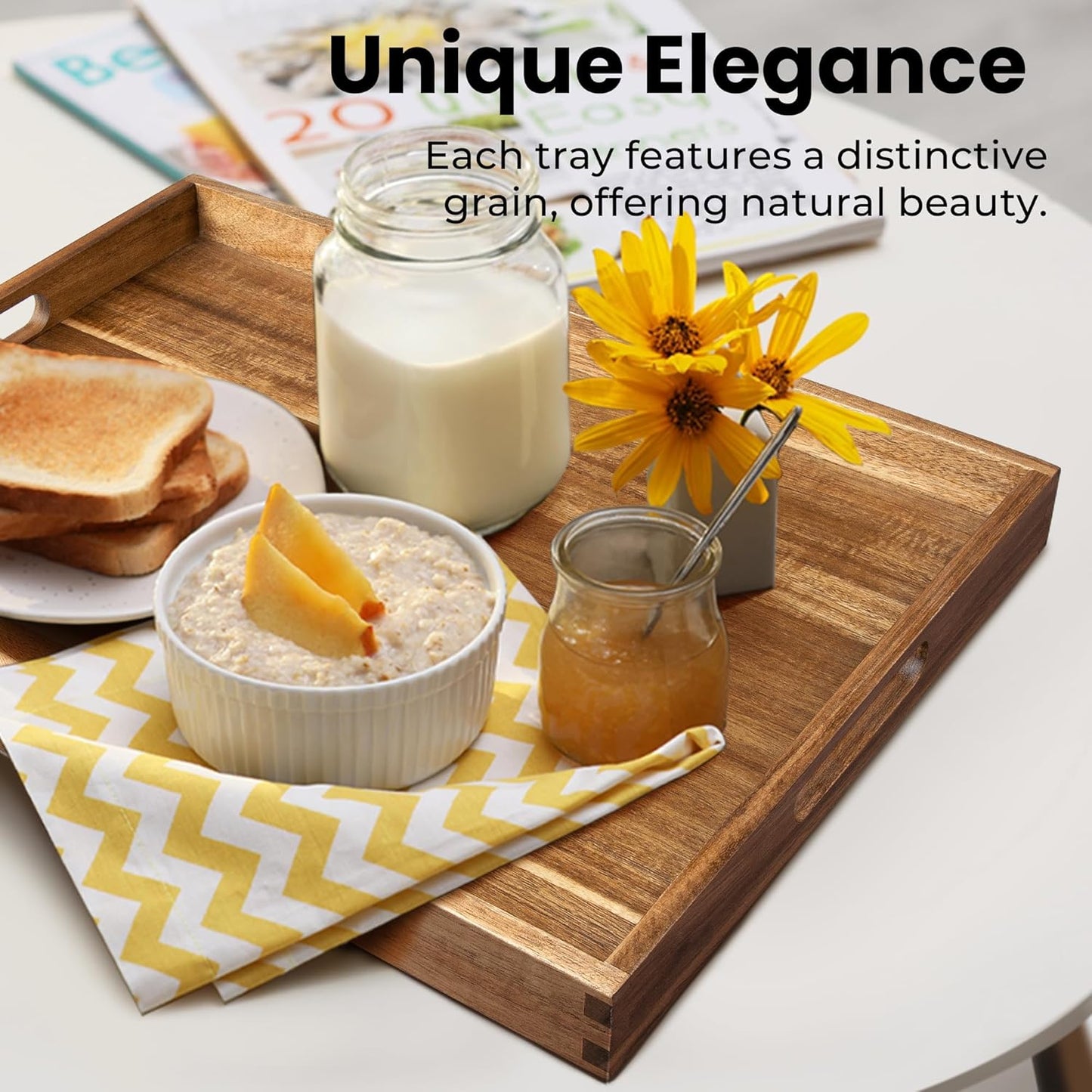 Acacia Wood Serving Tray with Handles(17 Inch) – Decorative Wooden Tray for Breakfast in Bed, Kitchen, or Serving on Couch, Coffee Table, Ottoman for Living Room, and More