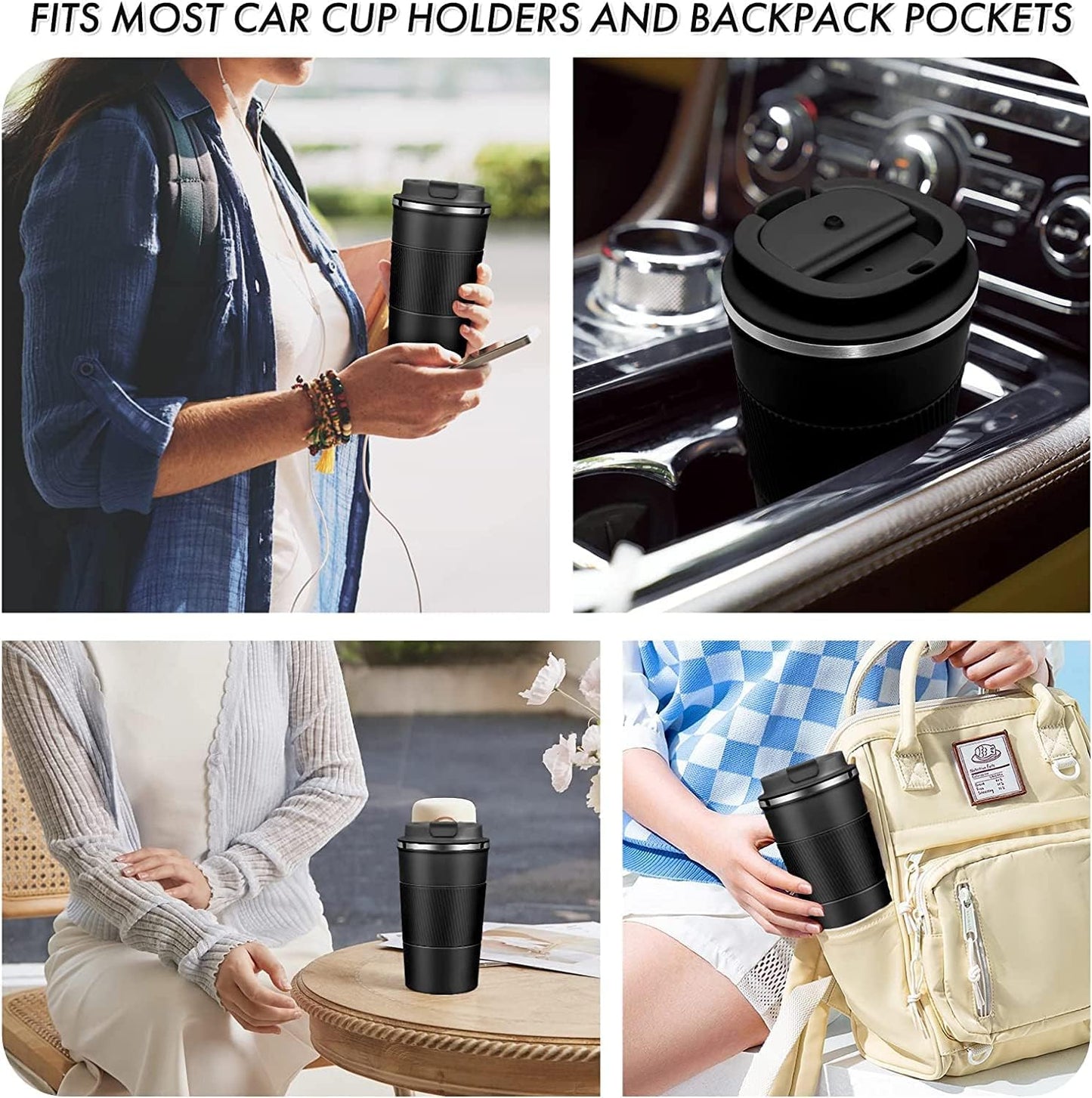 12oz Travel Coffee Mug Spill Proof, Insulated Coffee Mug with Lid, Leakproof Coffee Tumbler,Stainless Steel Vacuum Coffee Cup for Hot/Cold Drinks, Reusable Thermal Coffee Cup -380ml,Black