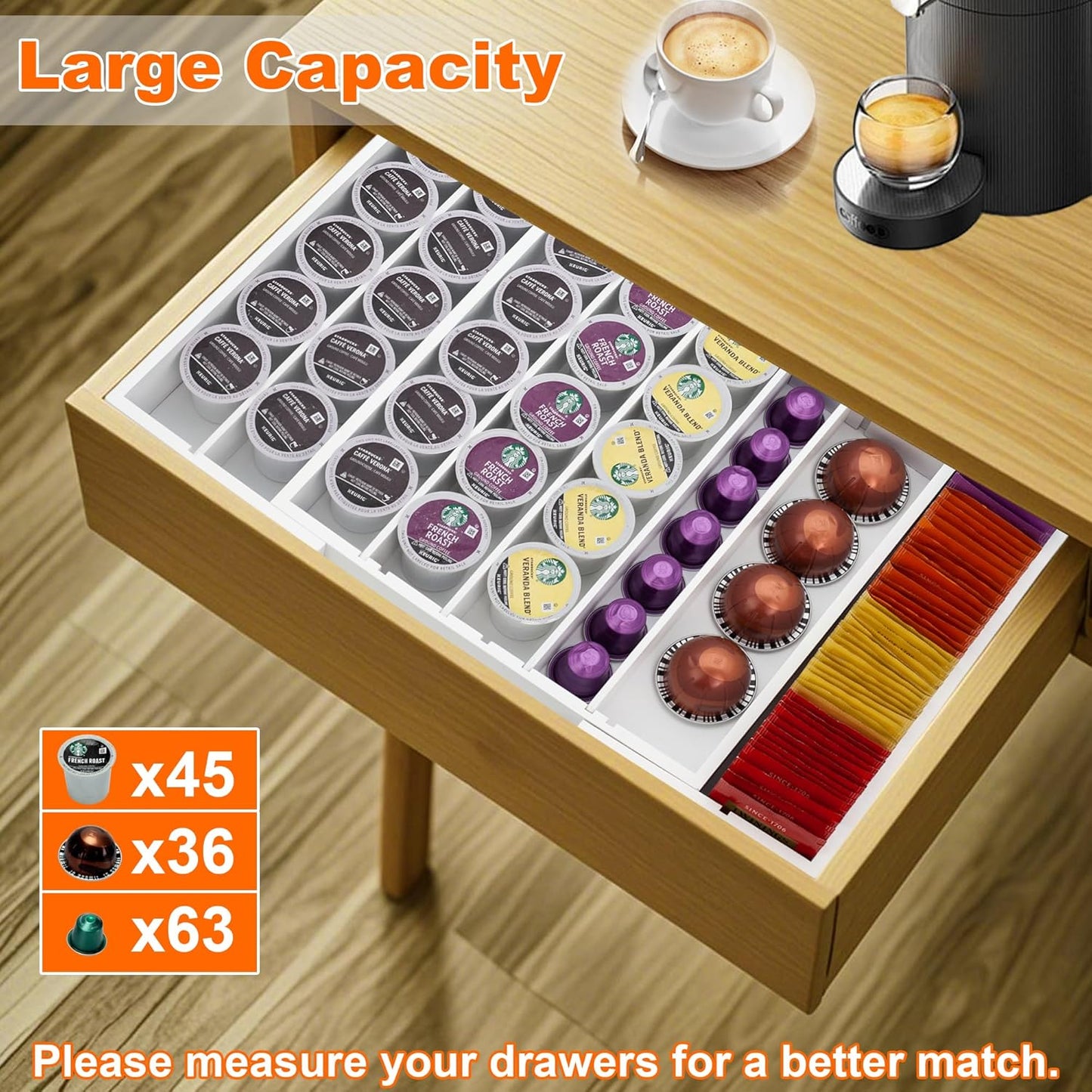 MinBoo Bamboo Drawer Organizer - Expandable K Cup & Pods Holder, Coffee Pod Storage, Tea Organizer, Versatile Kitchen Accessory Organization and Storage,White