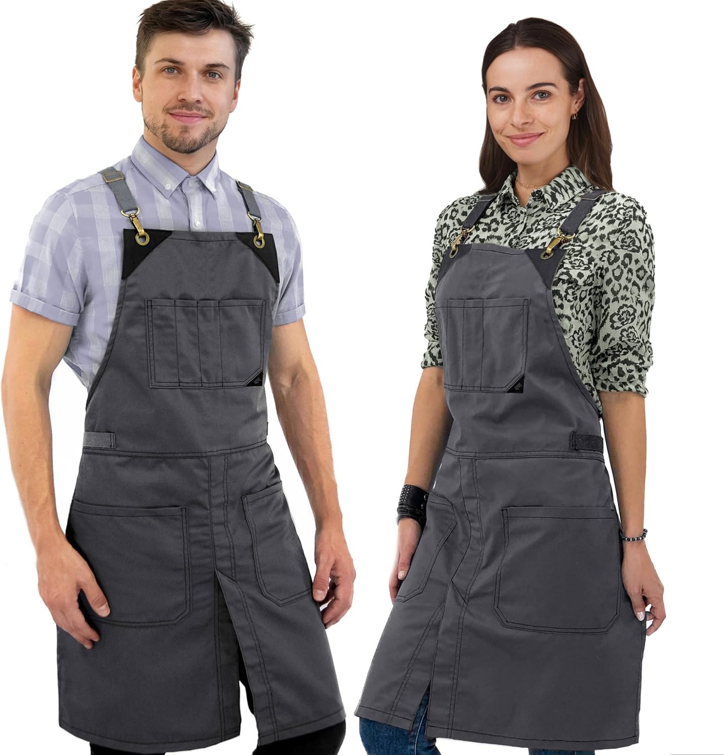 Under NY Sky Cross-Back Slate Gray Apron - Durable Denim with Leather Reinforcement and Split-Leg - Adjustable for Men and Women - Pro Chef, Tattoo, Baker, Barista, Bartender, Stylist, Server Aprons