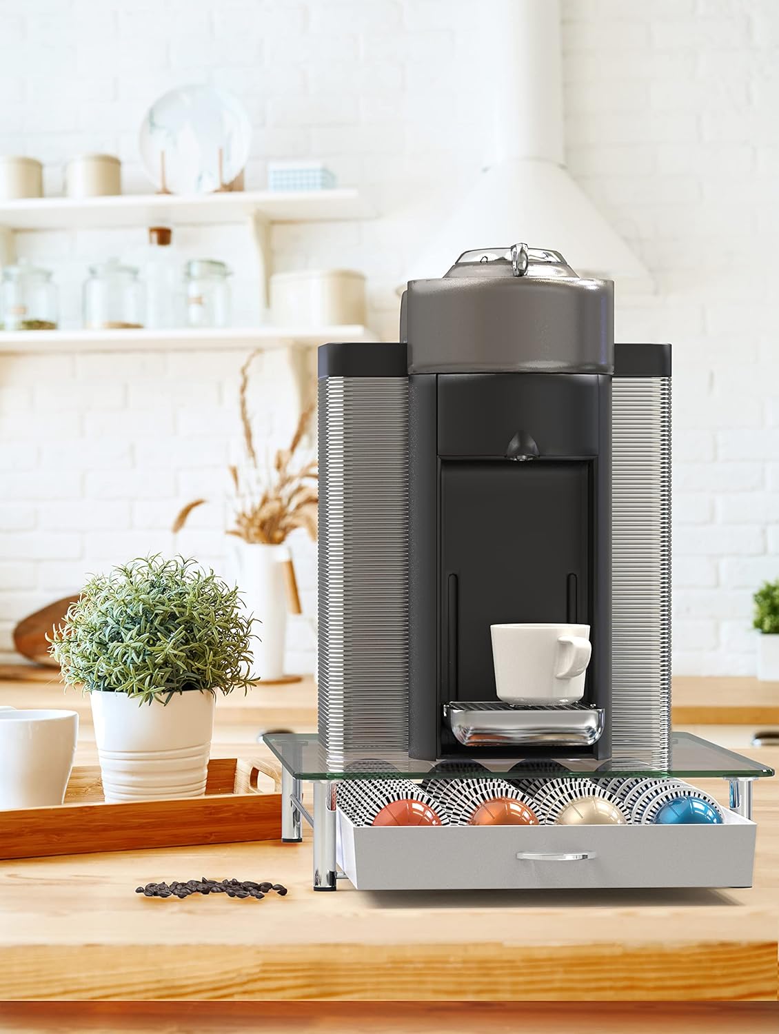 DecoBrothers Crystal Tempered Glass Vertuo Pod Holder Drawer, 28 Large or 56 Small Nespresso Capsule Organizer, White