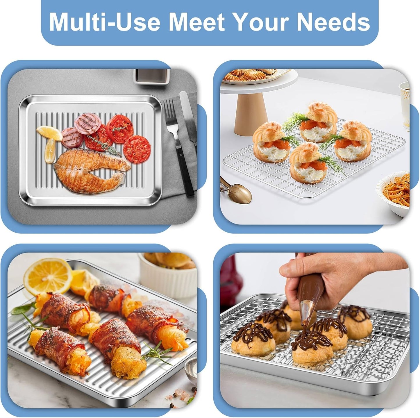 TeamFar 10.5'' Stainless Steel Compact Baking Pan Toaster Oven Tray with Cooling Rack, Corrugated Bottom & Grid Mesh Rack, Non-Toxic & Heavy-Duty