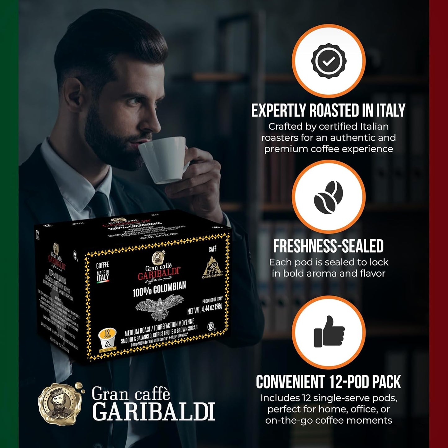 Caffè Garibaldi Sumatran Coffee Pods, Single-Serve Capsules for Keurig K-Cup Brewers, 100% Arabica Blend, Recyclable Pods, 12 Count - Dark Roast