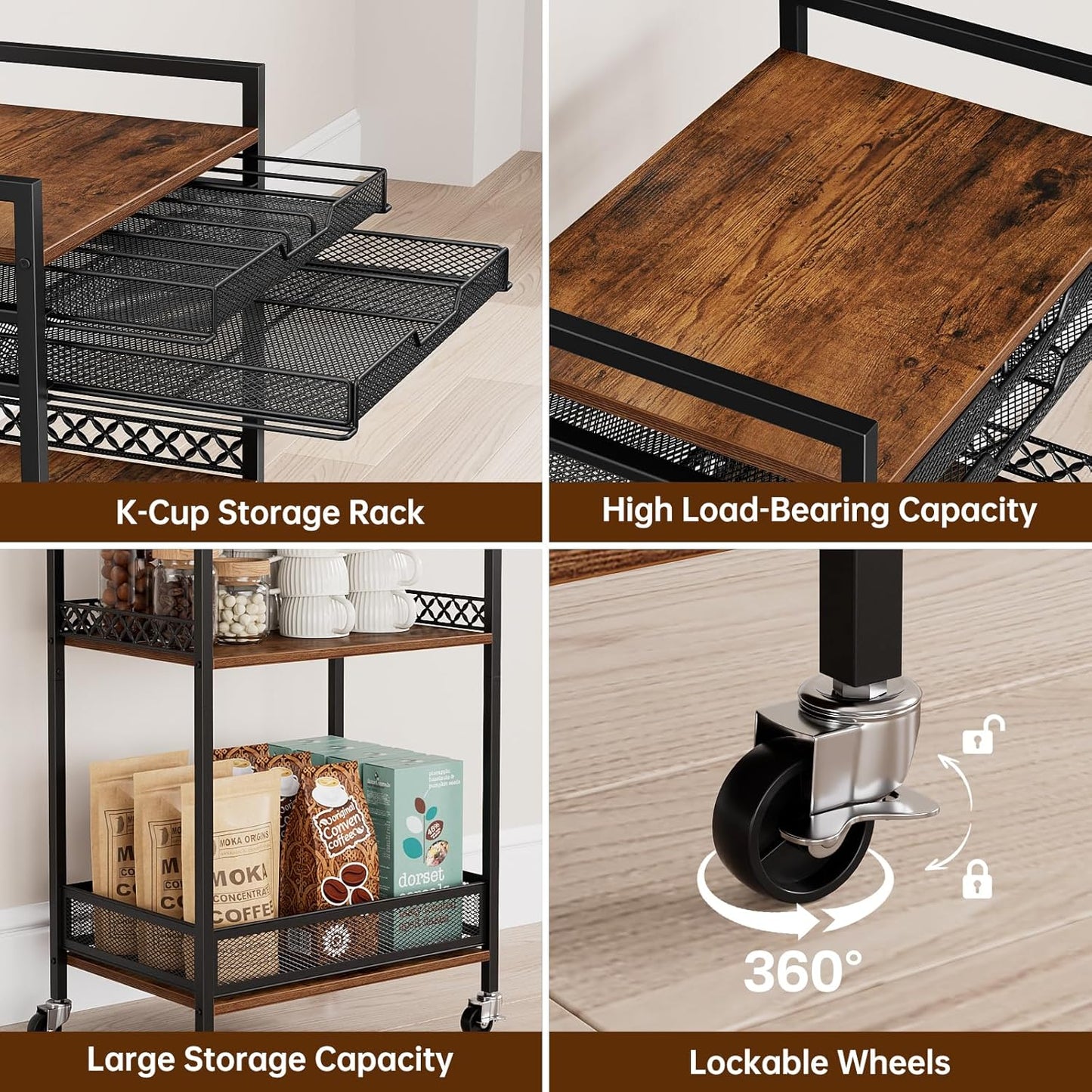 K Cup Holder Rack, Coffee Station Organizer for Nespresso Vertuo and K Cup Capsules, Multi-Functional Bar Accessories Organizer With Wheels for Living Room, Kitchen