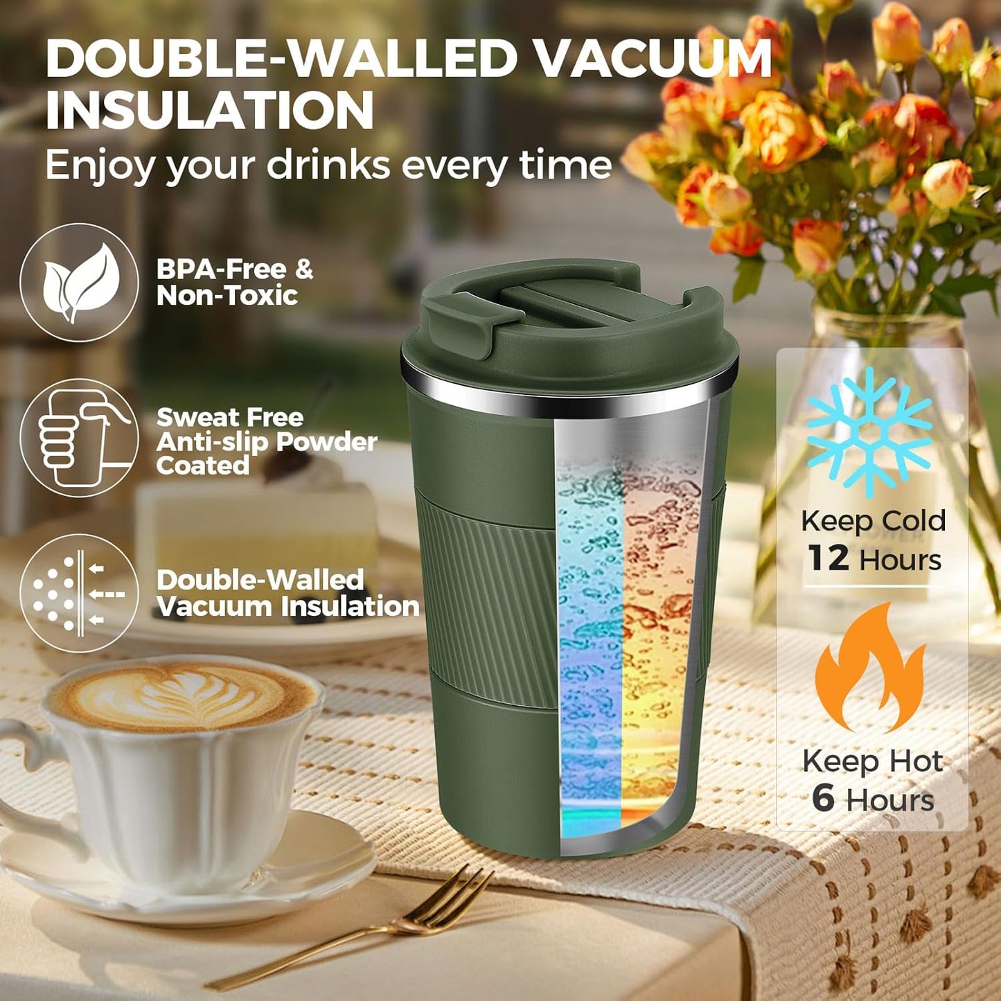 Volhoply 13 oz Stainless Steel Insulated Travel Coffee Mug with Fip Lid,Reusable Double Wall Vacuum Metal Coffee Cup,Portable to Go Leak Proof Cafe Thermal Tumbler for Hot & Cold Drinks(Army Green,1)