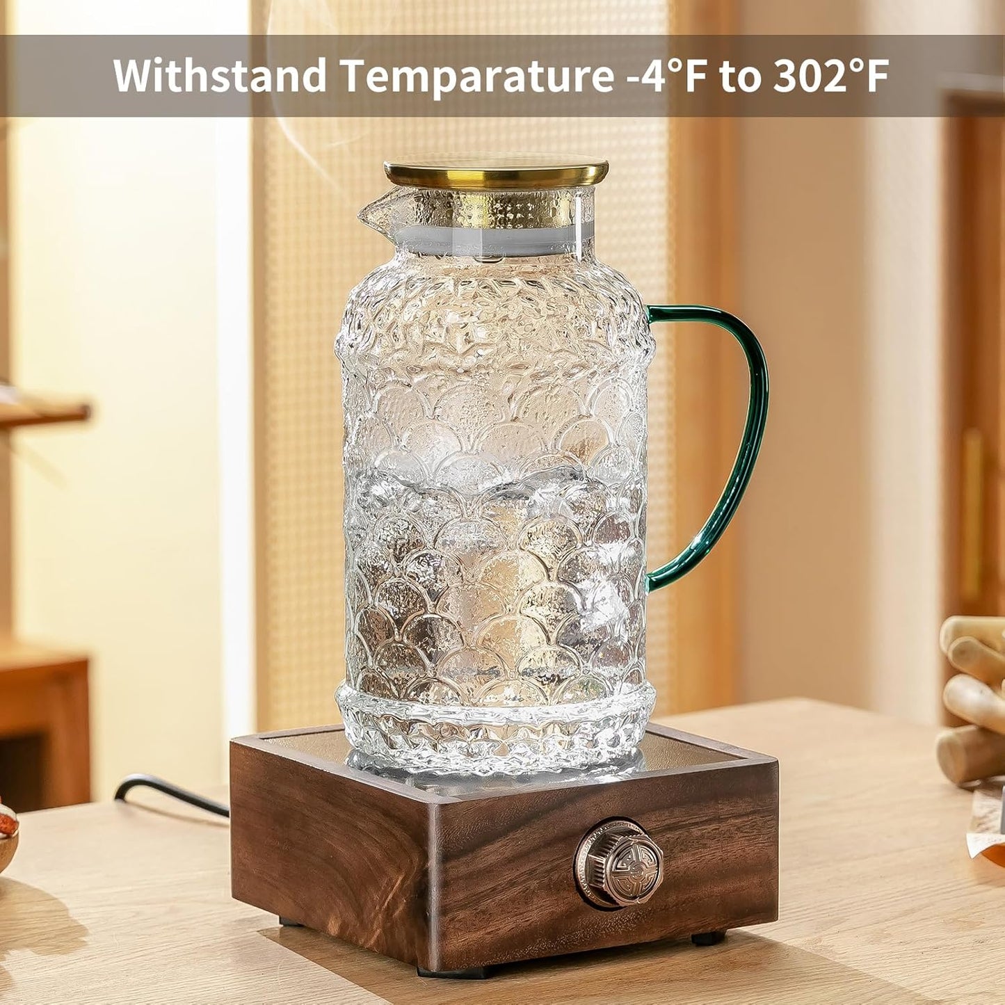 2 PACK Glass Pitcher with Lid,68 oz/2 Liter Fish Scale Design Water Pitcher,Clear Borosilicate Glass Water Carafe for Cold Brew, Coffee, Lemonade, Iced Tea,Heat Resistant Water Glass Jug