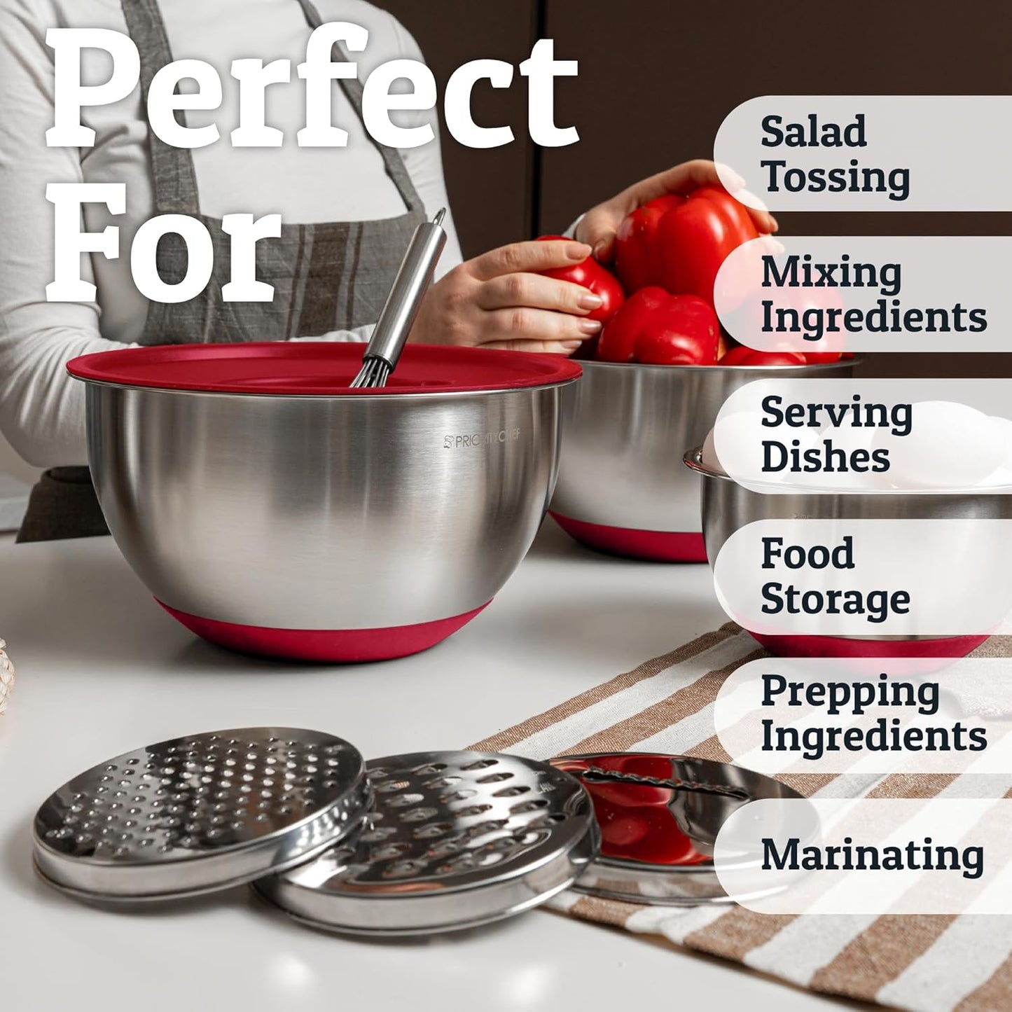 Priority Chef Stainless Steel Mixing Bowls with Lids Set, 3 Grater Attachments, Airtight Lids, Non-Slip Silicone Base Mixing Bowl Set, Large Prep Metal Mixing Bowls for Kitchen, Red