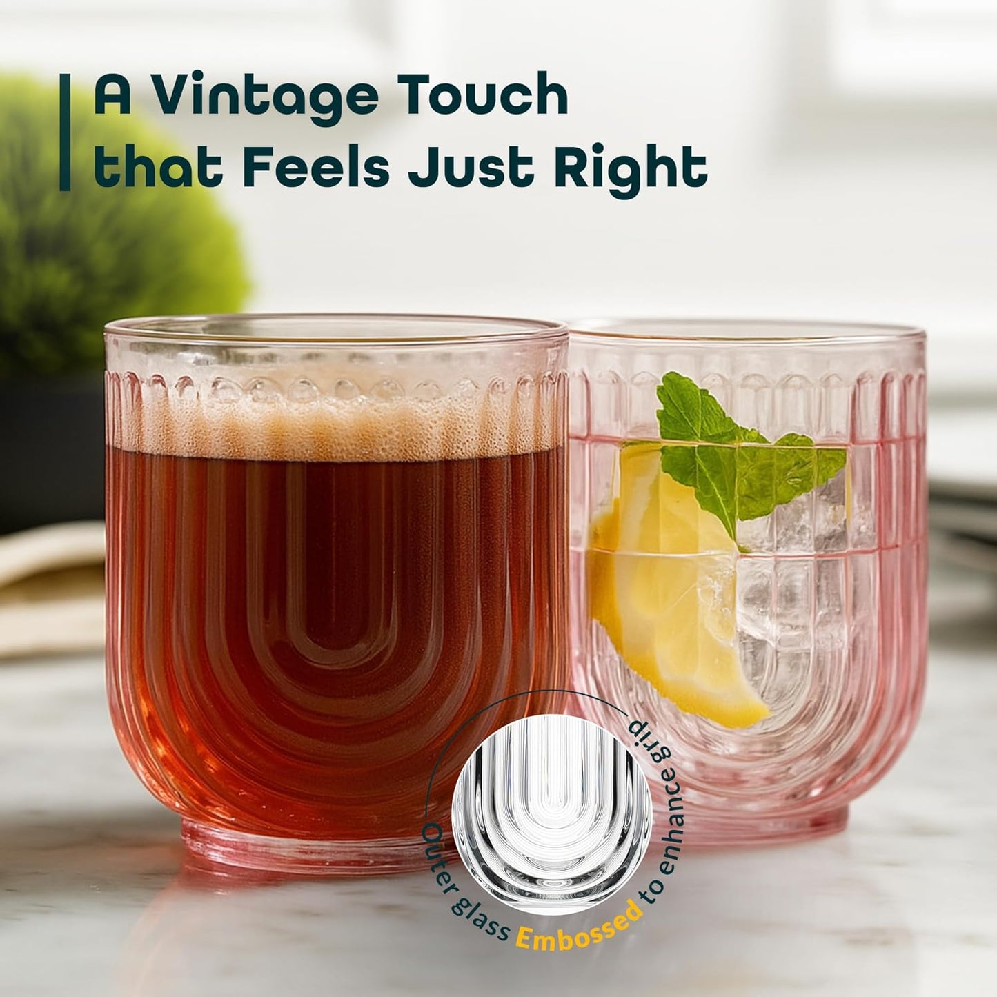 Glaver's Double Old Fashioned Rock Glasses, Set of 4 Blush Pink Whiskey Glasses, 11 oz Art Deco U-Shape Design Embossed Everyday Home Bar Glassware.