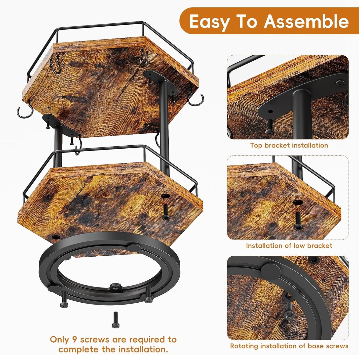 KLM 2 Tier Coffee Bar Organizer Countertop Station Shelf for Home Office, Multi-Functional Coffee Mug Cup Holder Stand, Accessory Storage Rack with 6 Hooks, 360° Rotated Coffee Cup Holder for Counter