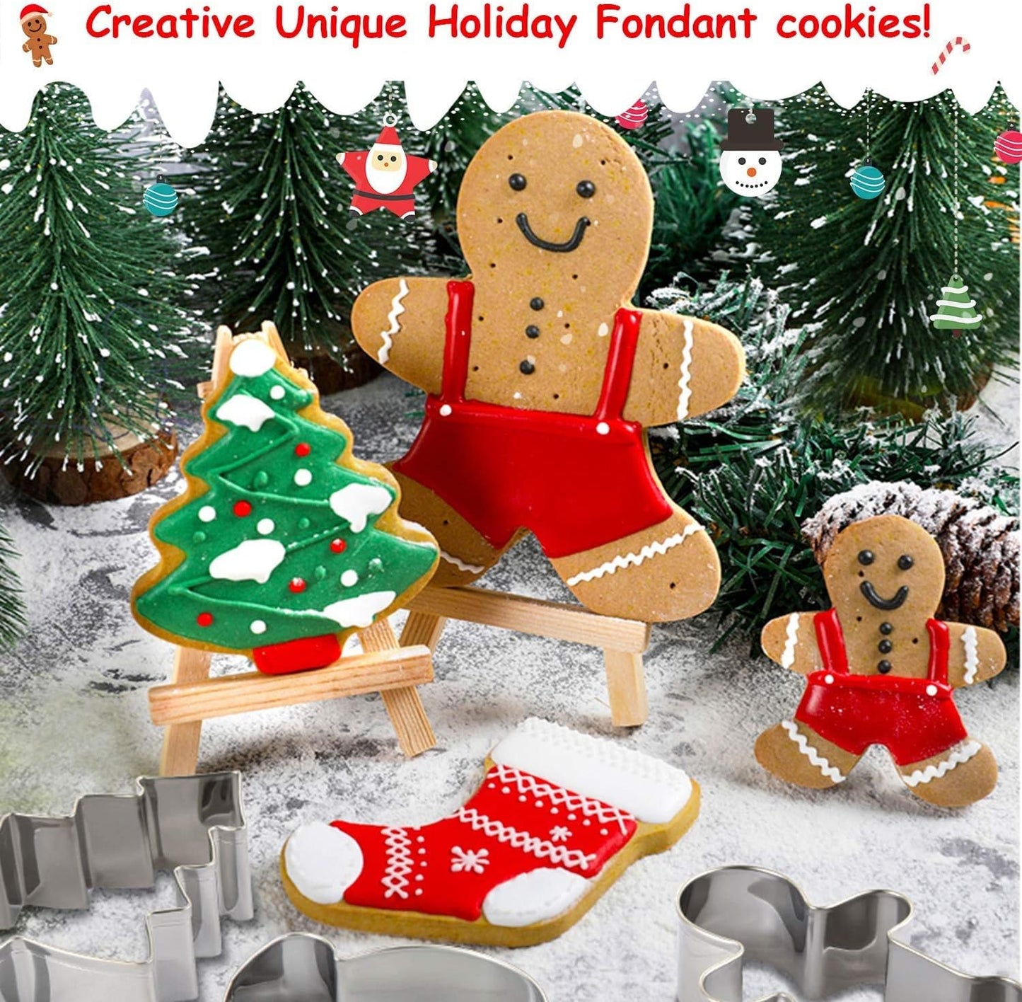 Large Christmas Cookie Cutters, 4" Holiday Cookie Cutters Shape with Recipe Instruction Gingerbread Men,Christmas Tree,Snowflake, Candy Cane,Santa Face and Snow Man for Baking