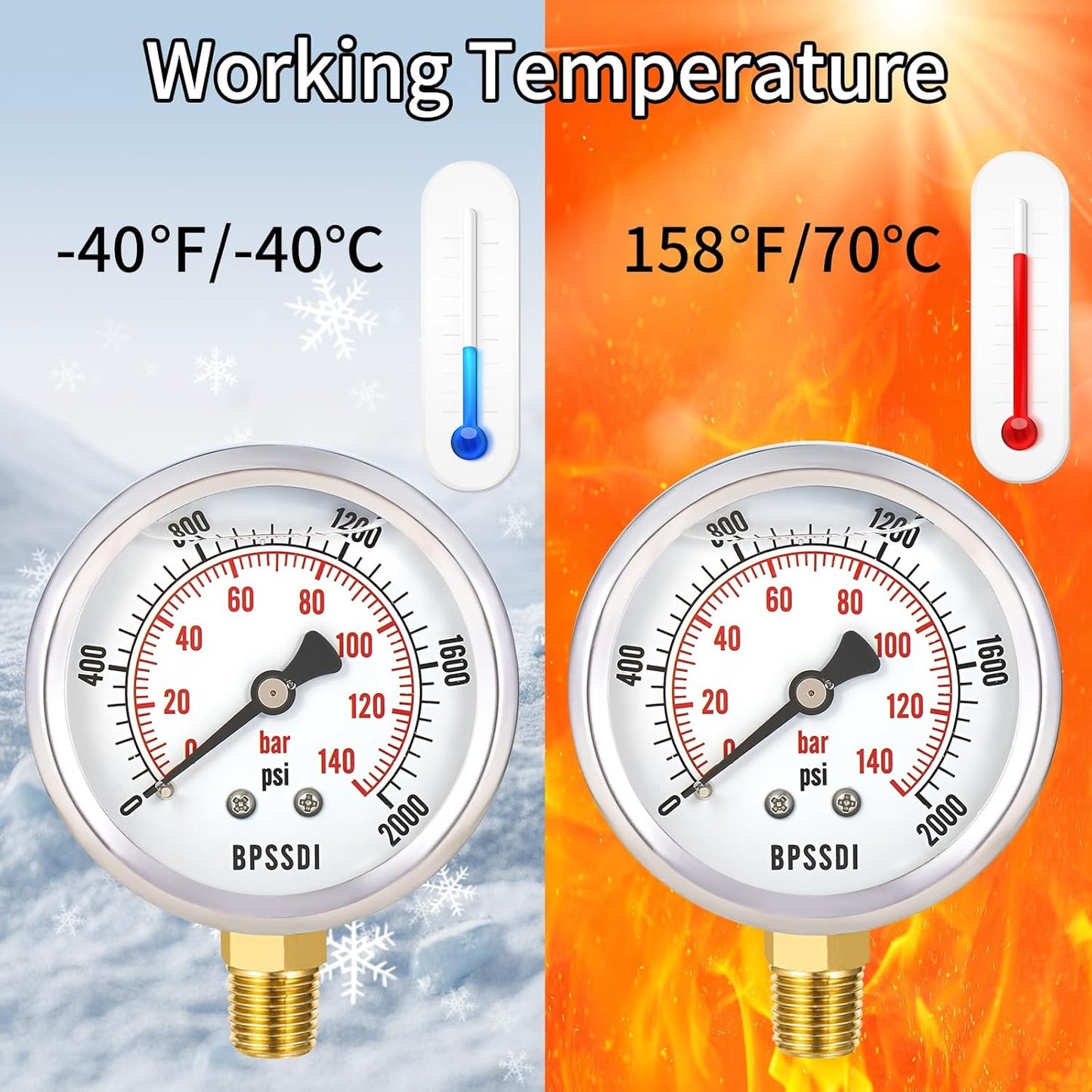 0-2000 Psi Glycerin Liquid Filled Hydraulic High Pressure Gauge, 2.5" Dial Size, 1/4" NPT Lower Mount, 304 Stainless Steel Case, for Water Oil Air Gas Pressure Test