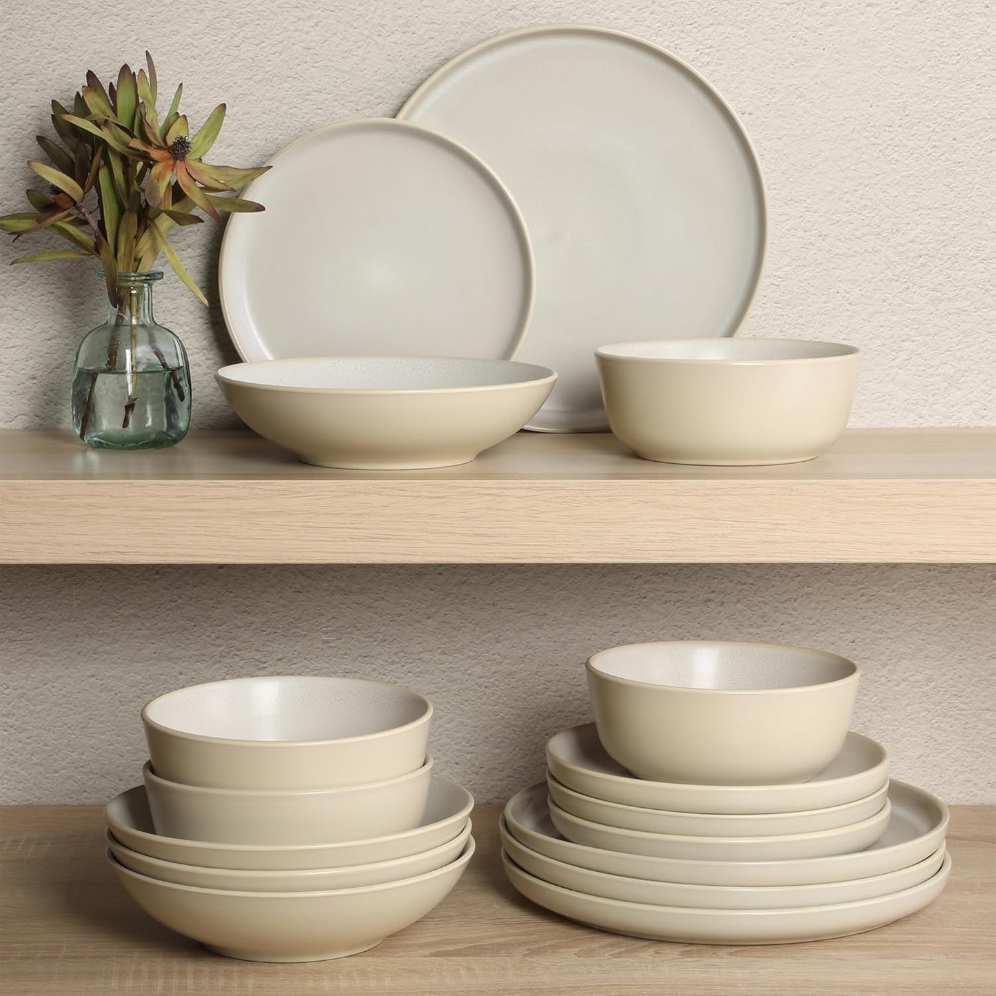 Gibson Elite Tribeca Loft 16-Piece Dinnerware Set – Matte Cream and White Reactive Glaze Stoneware, Double Bowl Round Plates and Bowls – Modern Neutral Tableware for 4, Dishwasher & Microwave Safe
