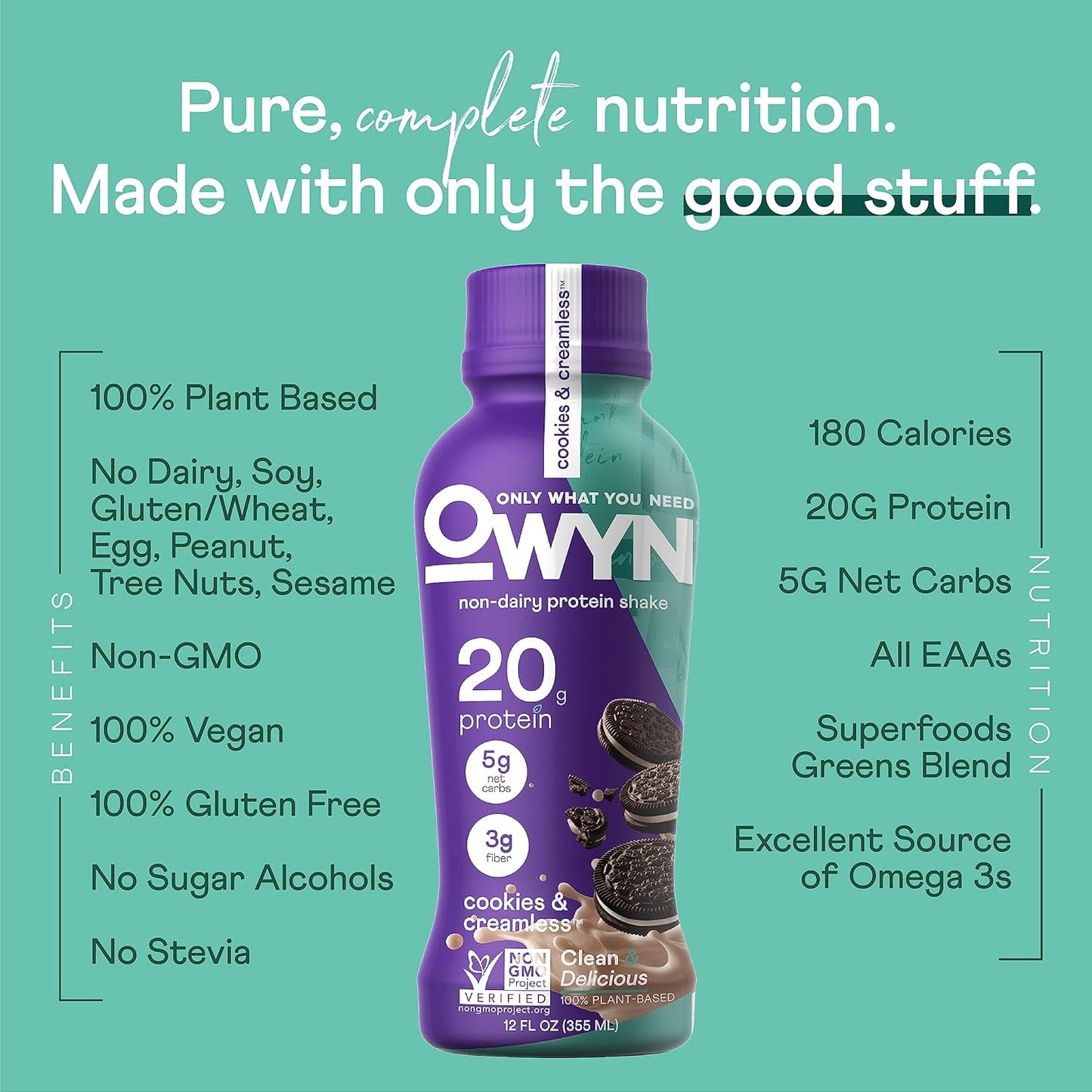 OWYN Only What You Need Plant Based Protein Shake, 20g Vegan Protein from Organic Pumpkin seed, Flax, Pea Blend, Prebiotic supplement, Gluten & Soy-Free (Vanilla Variety Pack, 12 Pack)