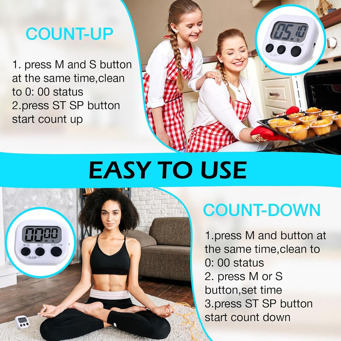 Leumoi 24 Pcs Digital Kitchen Timers Magnetic Back Timers Bulk Large Screen Loud Alarm On/Off Switch Minute Second Count up Countdown Memory Setting for Cooking Classroom Exercise (White and Black)