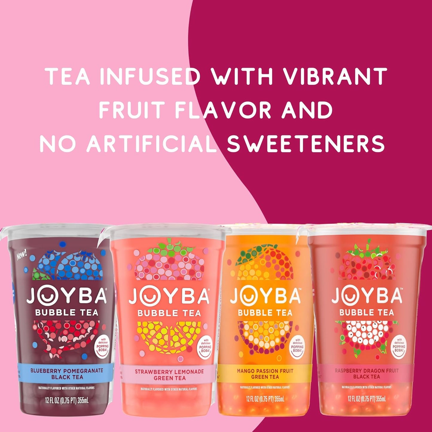 Joyba Reduced Sugar Strawberry Lemonade Flavored Green Bubble Tea, 4 Pack,12 fl oz. Cups