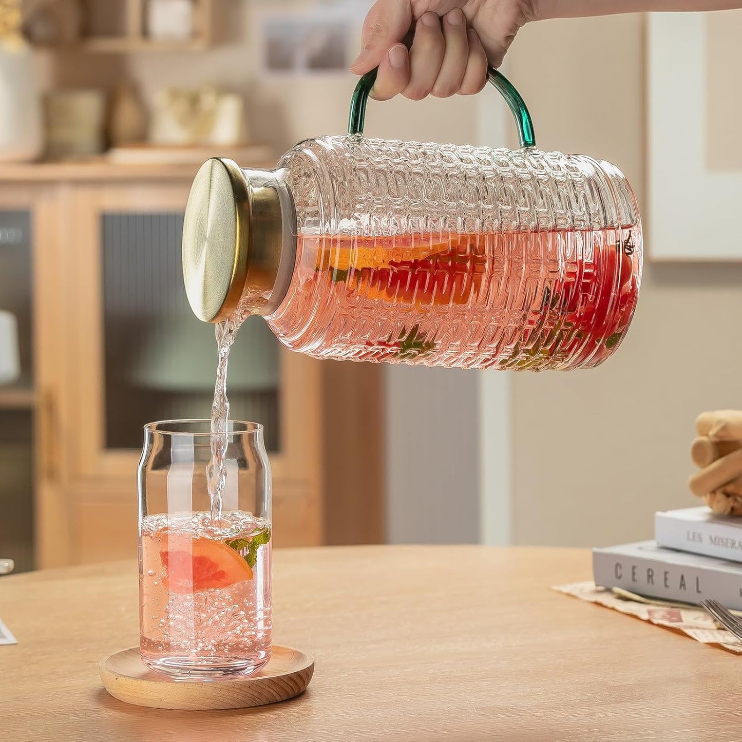 Glass Pitcher with Lid, 2 PACK 68 oz/2 Liter Vintage Water Pitcher, Clear Borosilicate Glass Water Carafe for Cold Brew, Coffee, Lemonade, Iced Sun Tea,Beverage, Milk, Heat Resistant