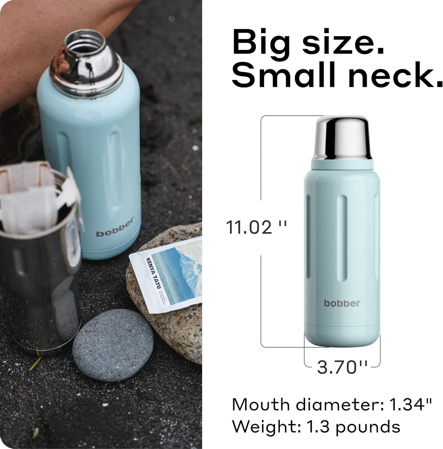 BOBBER 34 oz Stainless Steel Travel Thermos for Hot and Cold Drinks – Dishwasher Safe Metal Water Bottle with Cup Lid – Keeps Hot for 48 Hours – BPA-Free, Vacuum Insulated (Light Blue)