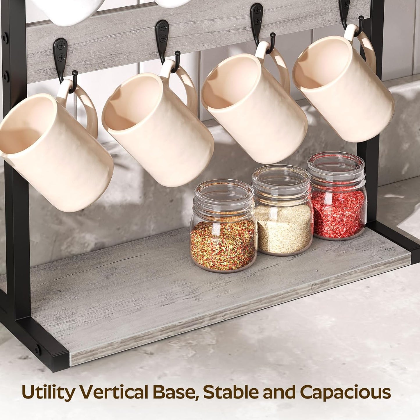 Coffee Mug Holder for Counter, 2 Tier Mug Tree Rack, with 8 Hook and 2 Open Shelves, Vintage Mug Holder Stand for Home Kitchen, Greige MH43BG