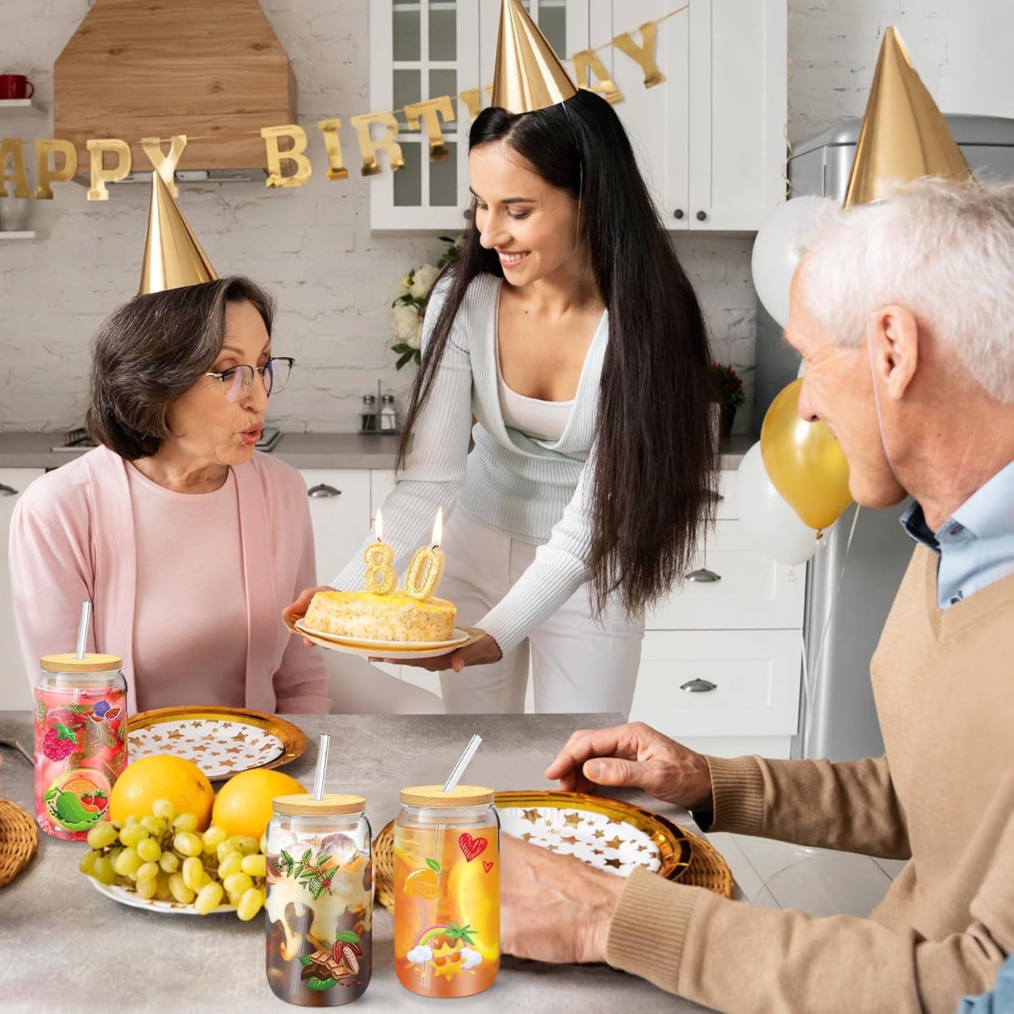 16 OZ Glass Cups with Lids and Straws, 20 Set Can Beer Glass Cups with Bamboo Lids Cute and Reusable Drinking Glasses with Lid Ice Coffee Glasses Great for Beer, Cocktail, Tea and Latte