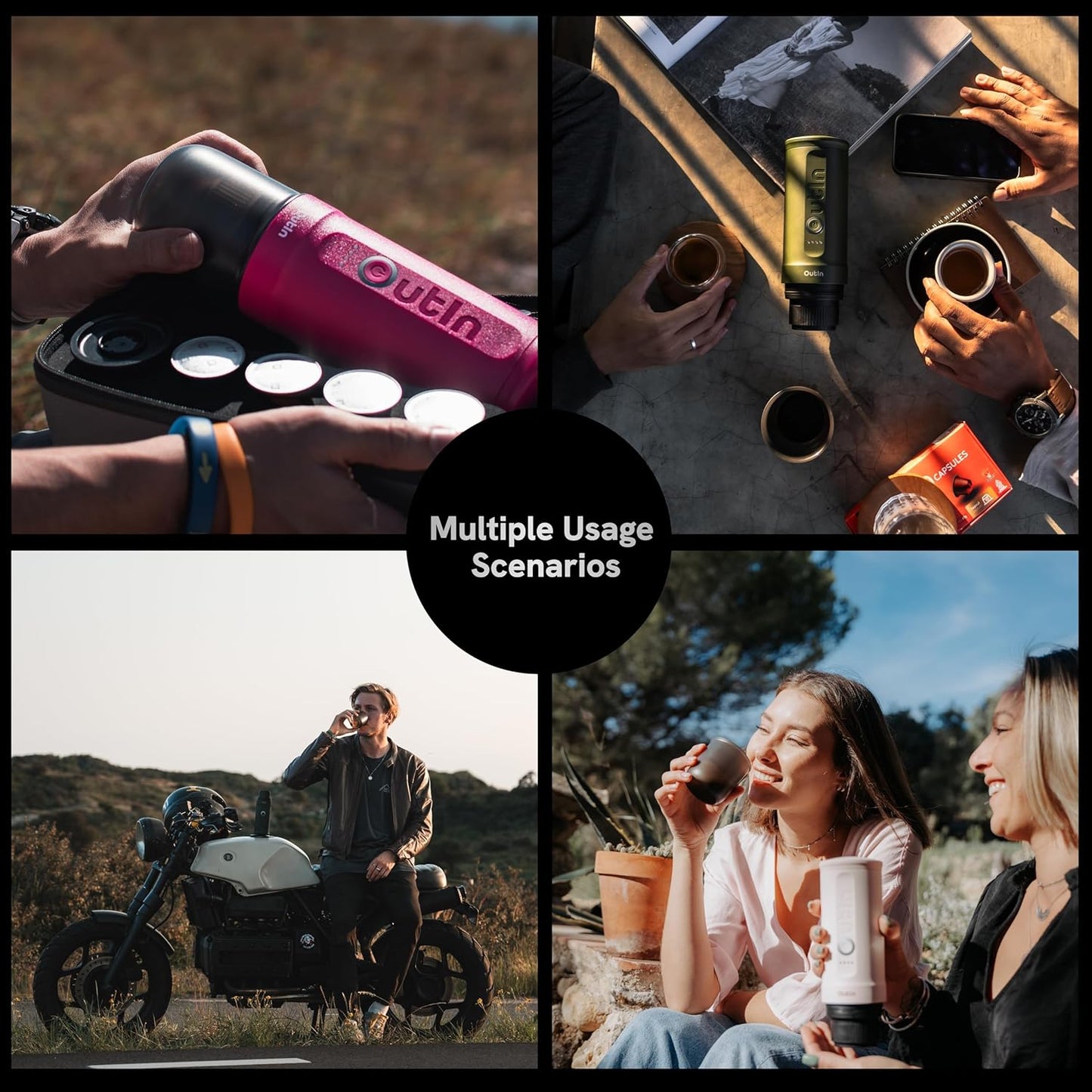 OutIn Nano Portable Electric Espresso Machine, Travel Coffee Maker for Camping, Car Coffee Maker Self-Heating with USB-C, With Ground Coffee & NS Capsule for RV, Hiking, Office