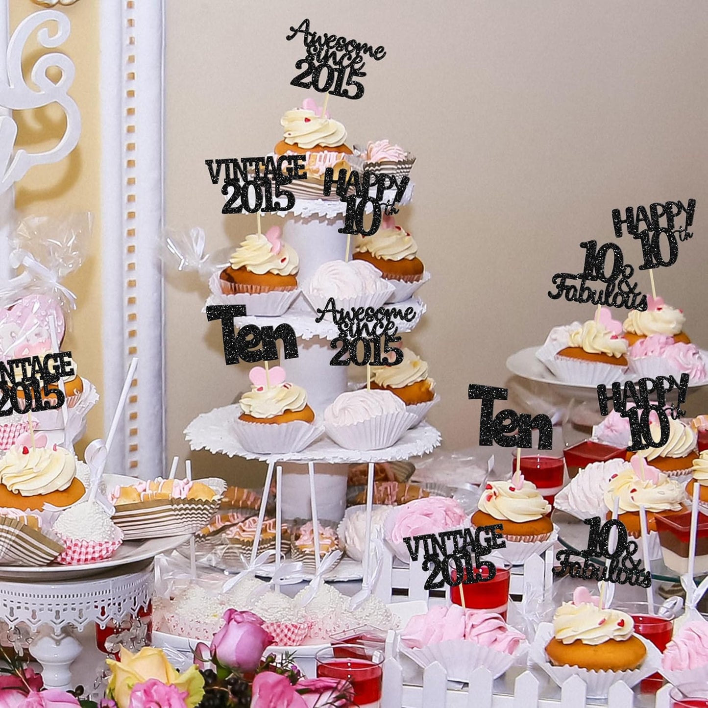 Gyufise 30Pcs Vintage 2015 Cupcake Toppers Glitter Ten Happy 10th Cupcake Picks Cheers to 10 Years Birthday Cake Decorations for Happy 10th Birthday Anniversary Party Supplies Black