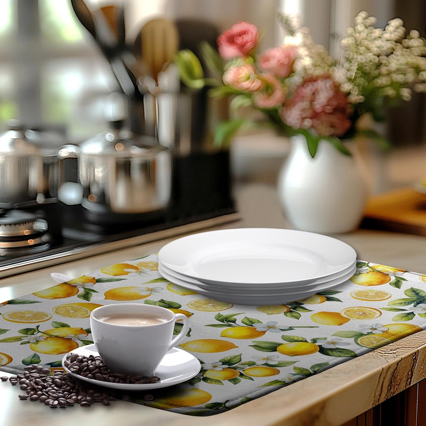 Lemon Dish Drying Mat Spring Summer Kitchen Dish Drying Pad Absorbent Drying Mat for Countertops Dish Dryer Mat Microfiber Dishes Drainer Pad Dish Drying Rack Mat (18x24 in)