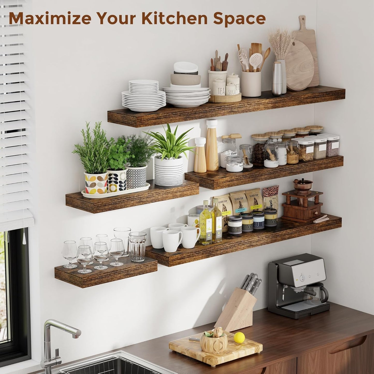 Heimlove 55 Inch Floating Shelves for Wall 8 Inch Deep Rustic Brown Shelves Set of 2,Wall Mounted Rustic Wood Long Floating Shelf,Large Extra Display & Storage Shelf with Invisible Brackets