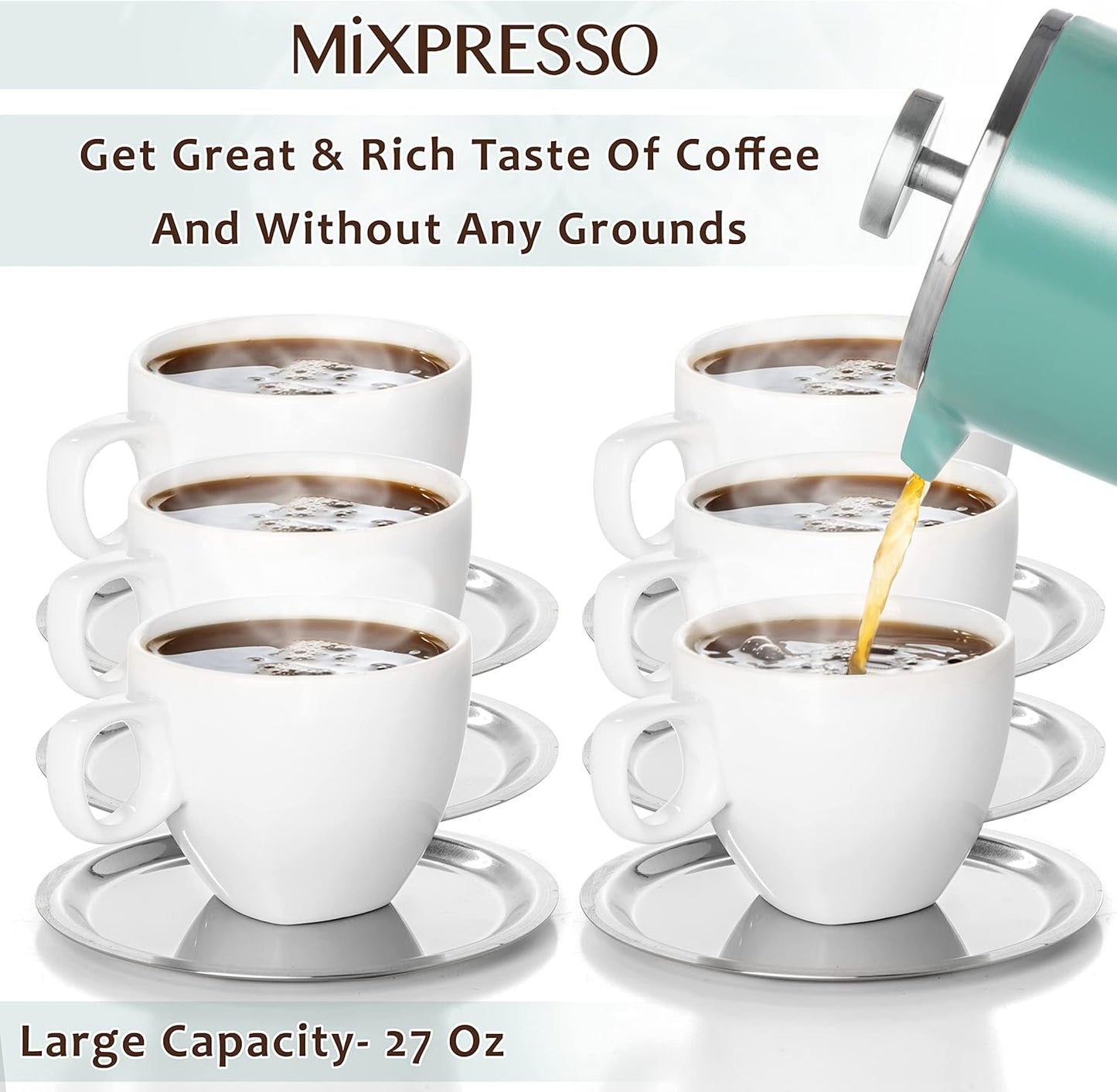 Mixpresso Green Stainless Steel French Press Coffee Maker 26 Oz 770 Ml, Double Wall Insulated French Press Stainless Steel, Easy Clean Tea Brewer, Easy Press Durable Metal Coffee Press