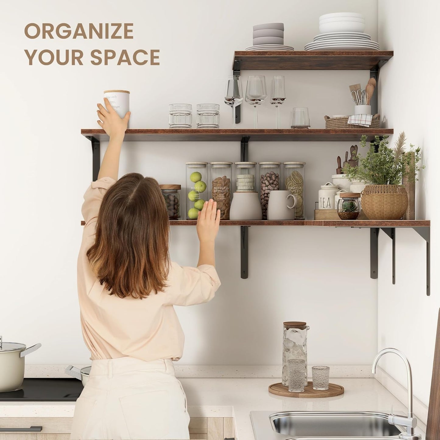 Fun Memories Rustic Brown 12 Inch Deep Floating Shelves Set of 2, Wall Mounted Shelf with Metal Brackets, Rustic Wood Wall Shelf for Bathroom, Kitchen and Living Room