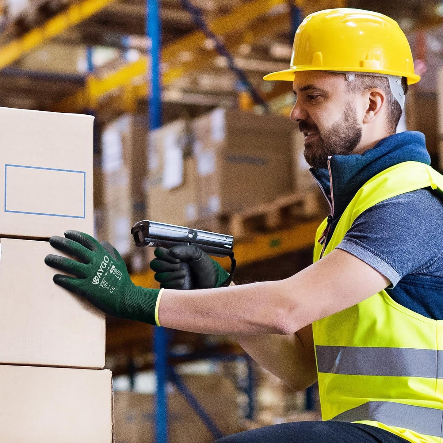 KAYGO Safety Work Gloves PU Coated,12 Pairs KG11PB Seamless Knit Glove for Men and Women, with Smooth Grip on Palm and Fingers, Ideal for General Duty Work (Medium,Dark Green)