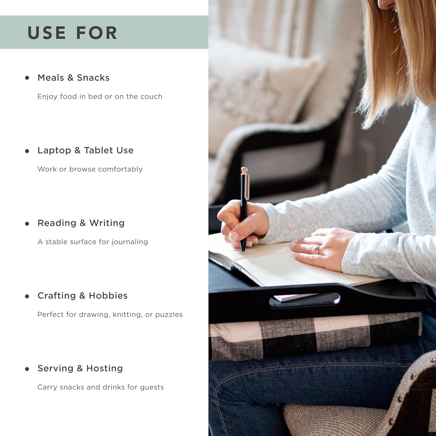 ROSSIE HOME Wood Bed Tray Lap Desk with Detachable Cushion, Serving Tray - Buffalo Check - Fits up to 15.6 Inch Laptops - Style No. 76108