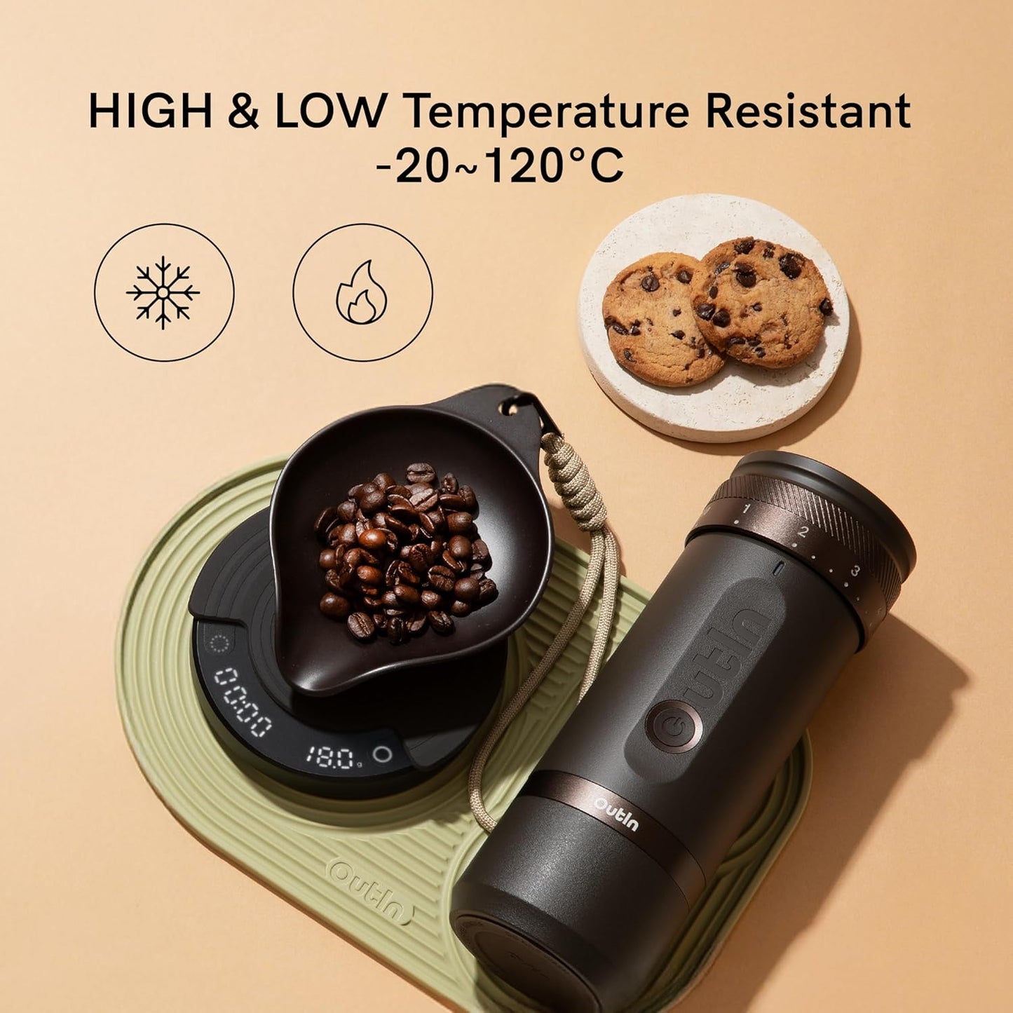 OutIn Coffee Bean Dosing Tray with Strap, Made from a Coffee Ground Composite, Lightweight & Durable