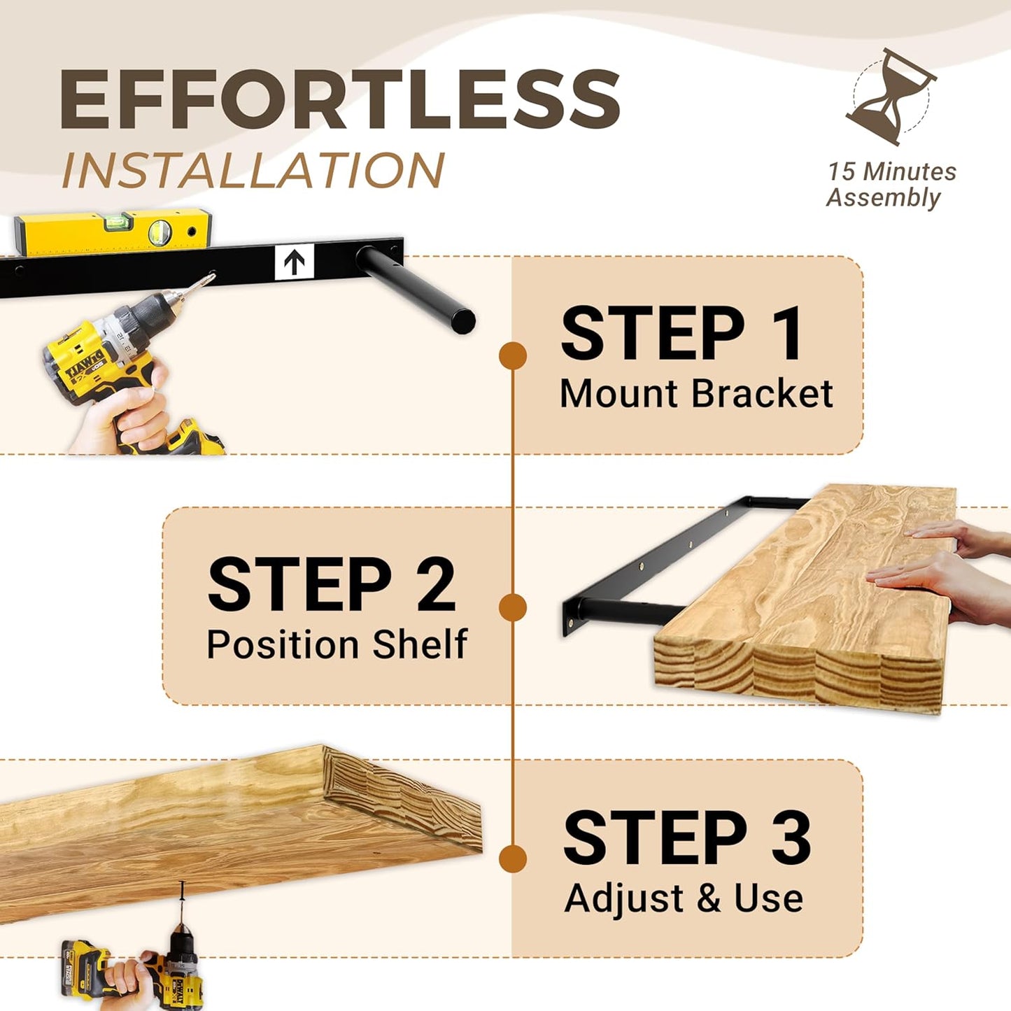 36'' Pine Wood Floating Shelves for Wall- Set of 2 - Rustic Wall Mounted Wooden Shelf for Stylish Home Décor (Light Walnut, 36x6.5x1.25)