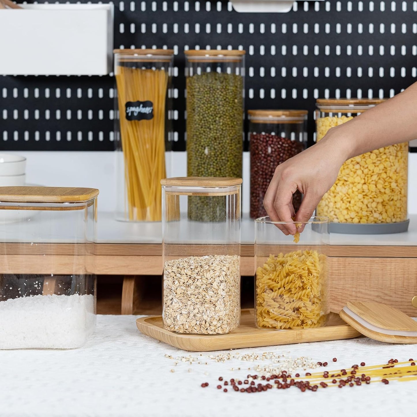 52oz Airtight Glass Square Storage Canister with Bamboo Lid Set of 3 (1550ml) Container Stackable Spice Jar, Kitchen Canister for Flour, Cookies, Cereal and Coffee beans (with Black Lable)